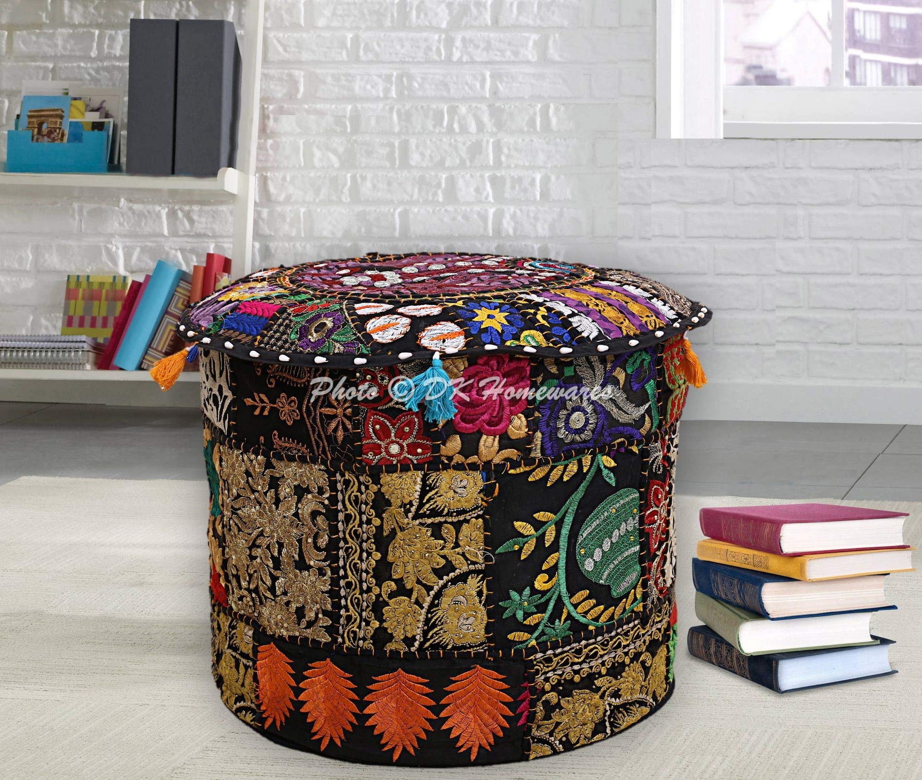 DK Homewares Indian Vintage Patchwork Pouffe Footstool Black Round Foot Stool Decorative Tuffet Cotton Embroidered Hassock Pouf Ottoman Cover Floral Traditional 22x22x14