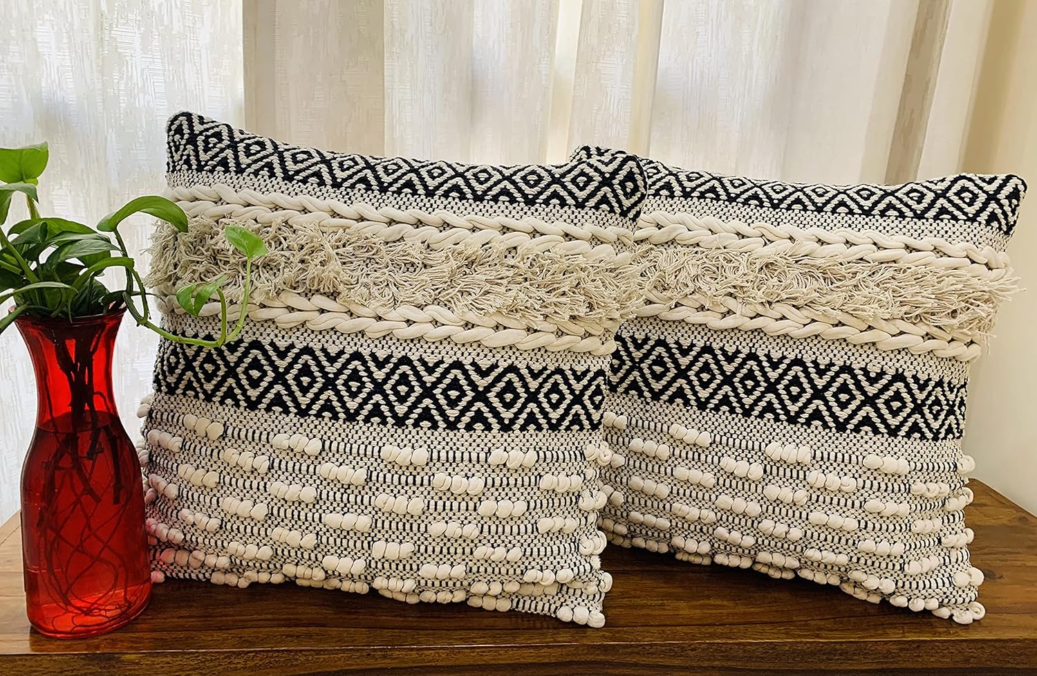Set of 2 Boho Throw Pillow Covers for Couch, 18 x 18 Inch Cotton Hand-Woven Tufted Decorative Pillows Covers Bedroom Living Room, Farmhouse Color: Natural Set of 2