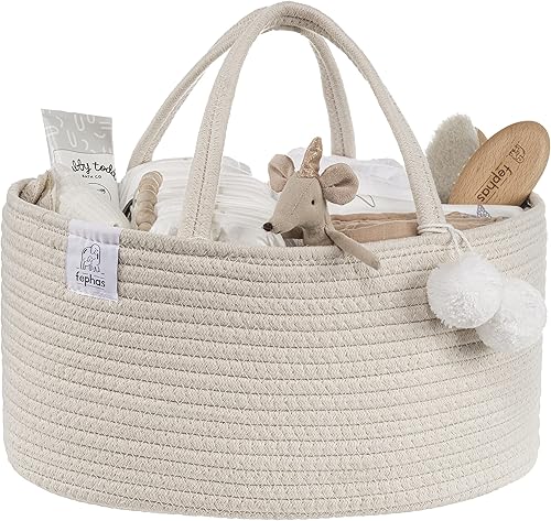 Fephas Organizador de pañales para bebés contenedor de almacenamiento de cuerda de algodón cesta portátil de almacenamiento de pañales para