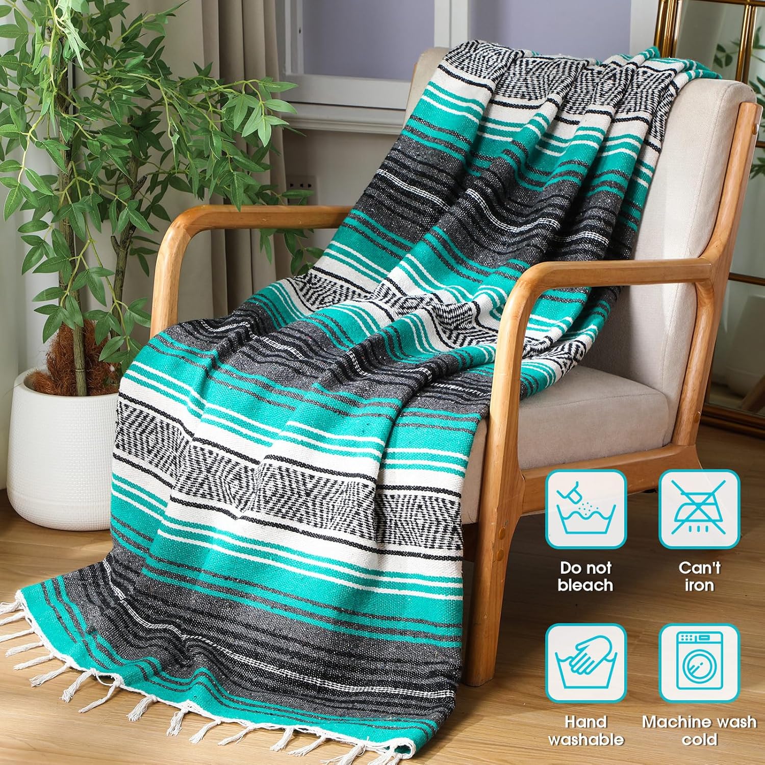 Oudain Mexican Throws Blankets 45 x 70 Inch, Cotton Outdoor Cozy Baja Falsa Blanket Woven Serape Restorative Yoga Fiesta Christmas Essential Supplies for Beach Couch Picnic(Delicate Color) - Image 4