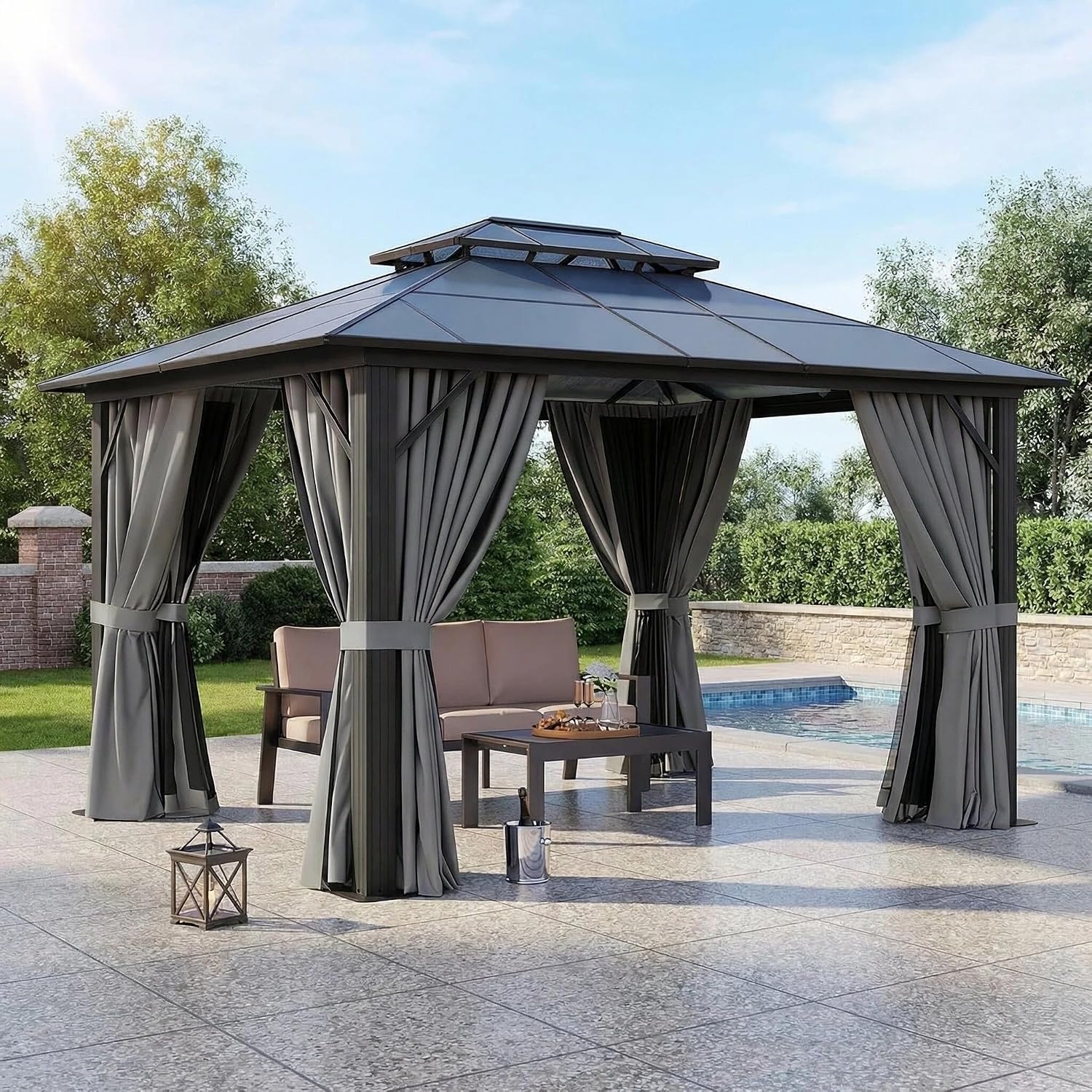 12’x10’ Hardtop Gazebo with Double Polycarbonate Roof Outdoor Metal Gazebo Sturdy Aluminum Frame & Removable Curtains, Netting Permanent Pavilion Pergola for Garden,Patio,Lawn (Gray)