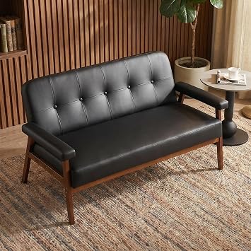 JIASTING 50 Black Leather Loveseat Sofa, Mid Century Modern Small Office Love Seat Couch with Wood Arms, Two Seater Couches for Small Spaces, Living Room, Waiting Room, Bedroom, Black