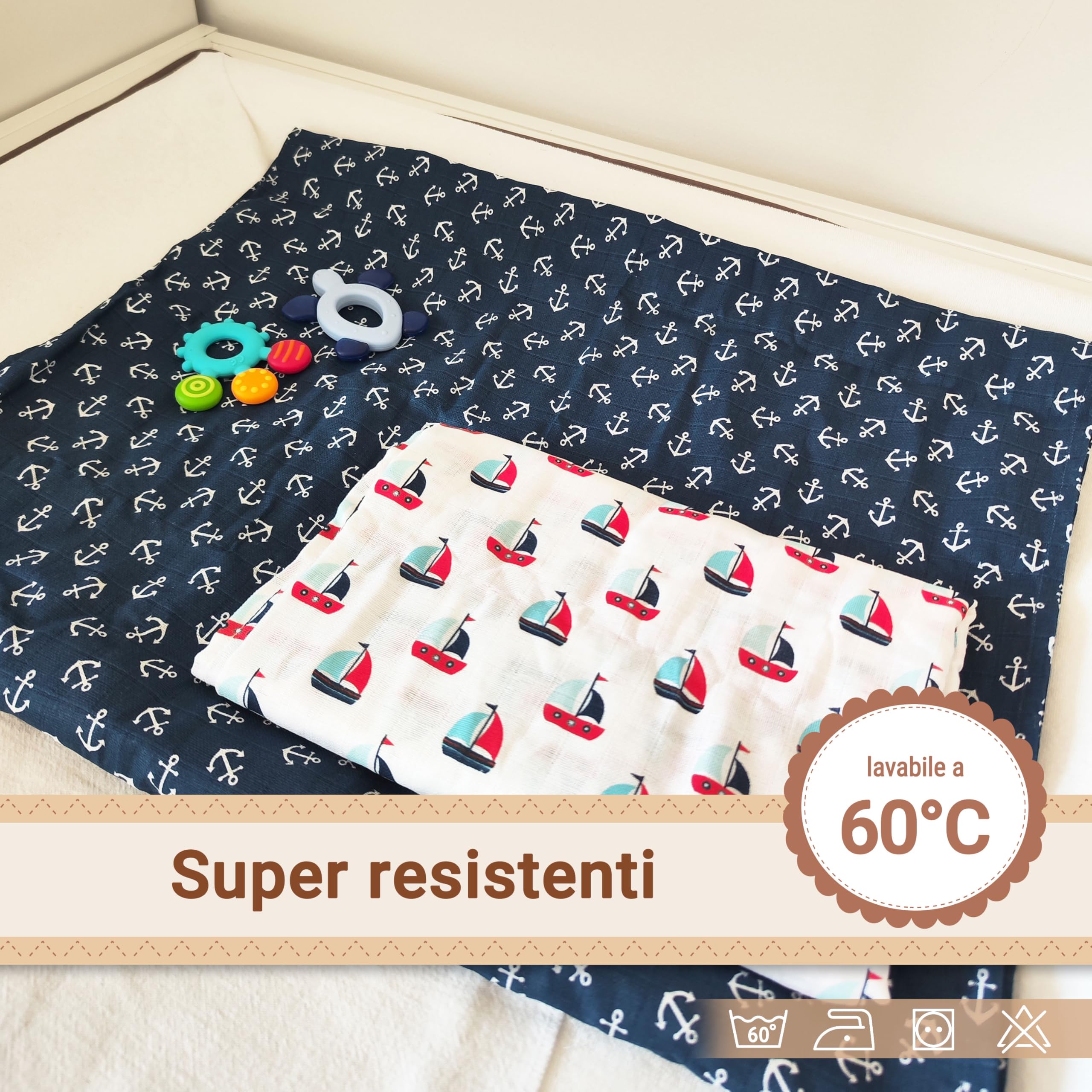 Set 2 Mussole In Cotone 120x120 Cm - Morbidissime, Lavabili 60°C, Certificato OEKO-TEX - Foto 8