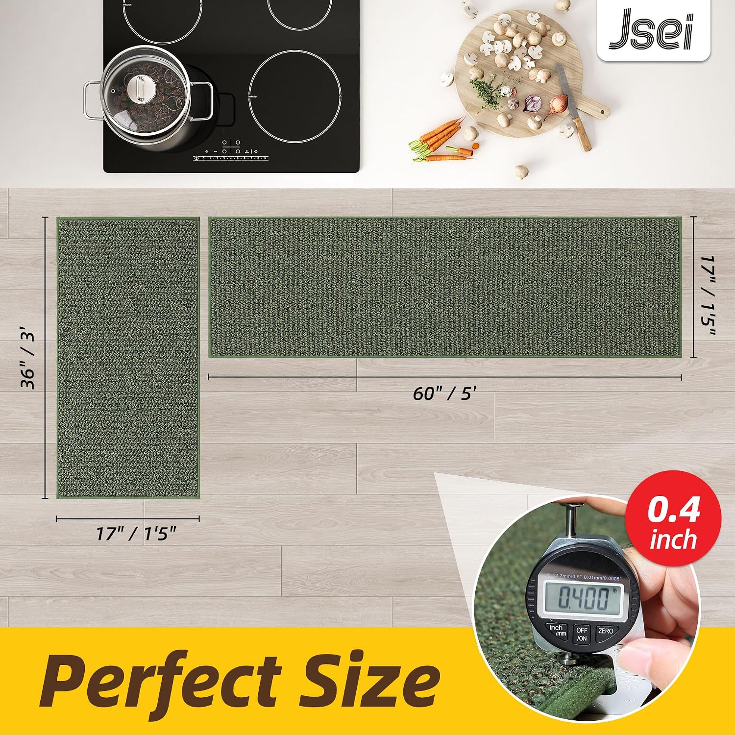 jsei 17''x30''+17''x60'' non-slip kitchen runner rugs, 2pcs polypropylene kitchen mats, machine washable absorbent and stain resistant kitchen rugs, carpet mats with tpr backing for kitchen, green green 17'' x 30''+17'' x 60''
