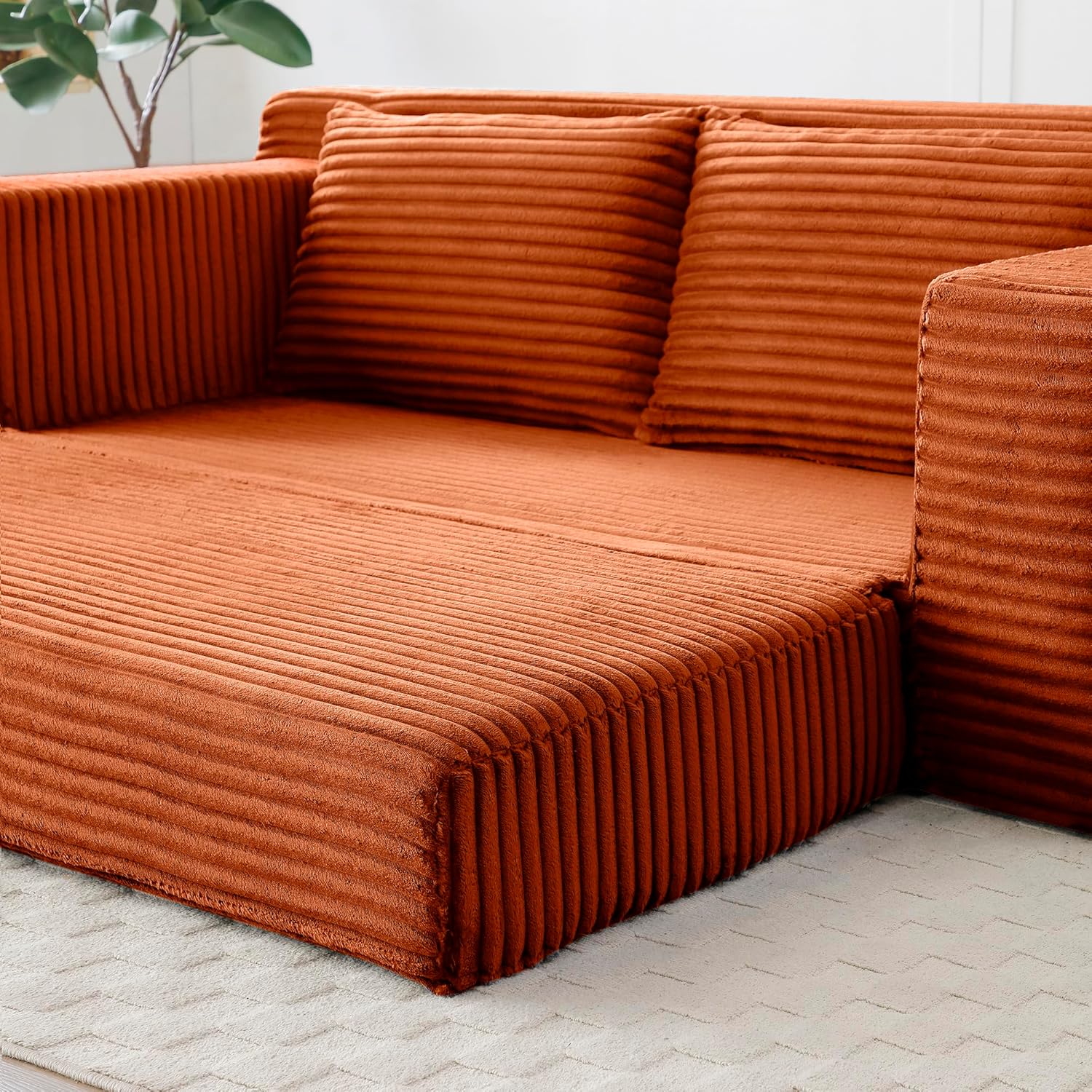 73" Convertible Sofa Bed, 2 in 1 Corduroy Folding Couch with Pillows, No Assembly Boneless Compression Sofa in Box, Loveseat with Side Storage Pocket for Apartment, Living Room, Orange