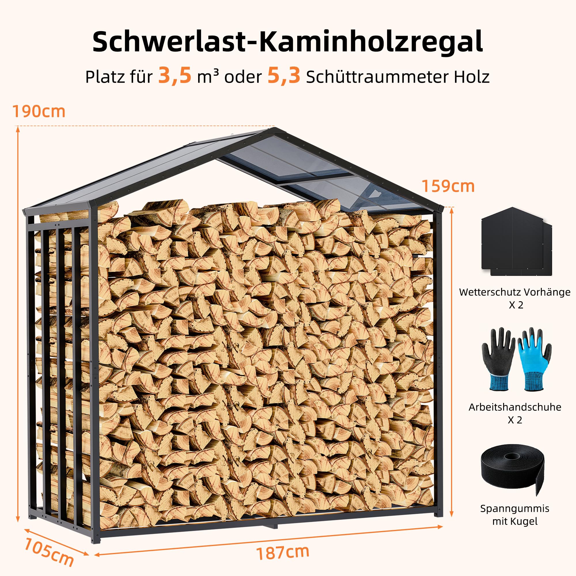 Amopatio Kaminholzregal aussen XXXL–187x105x190cm, Brennholzregal außen mit Abdeckung 5,3SRM / 3,5m³, Metall Holzstapelhilfe, Stahlrahmen & Polyester-Dach, Garten Holzlager, Holzunterstand, Anthrazit