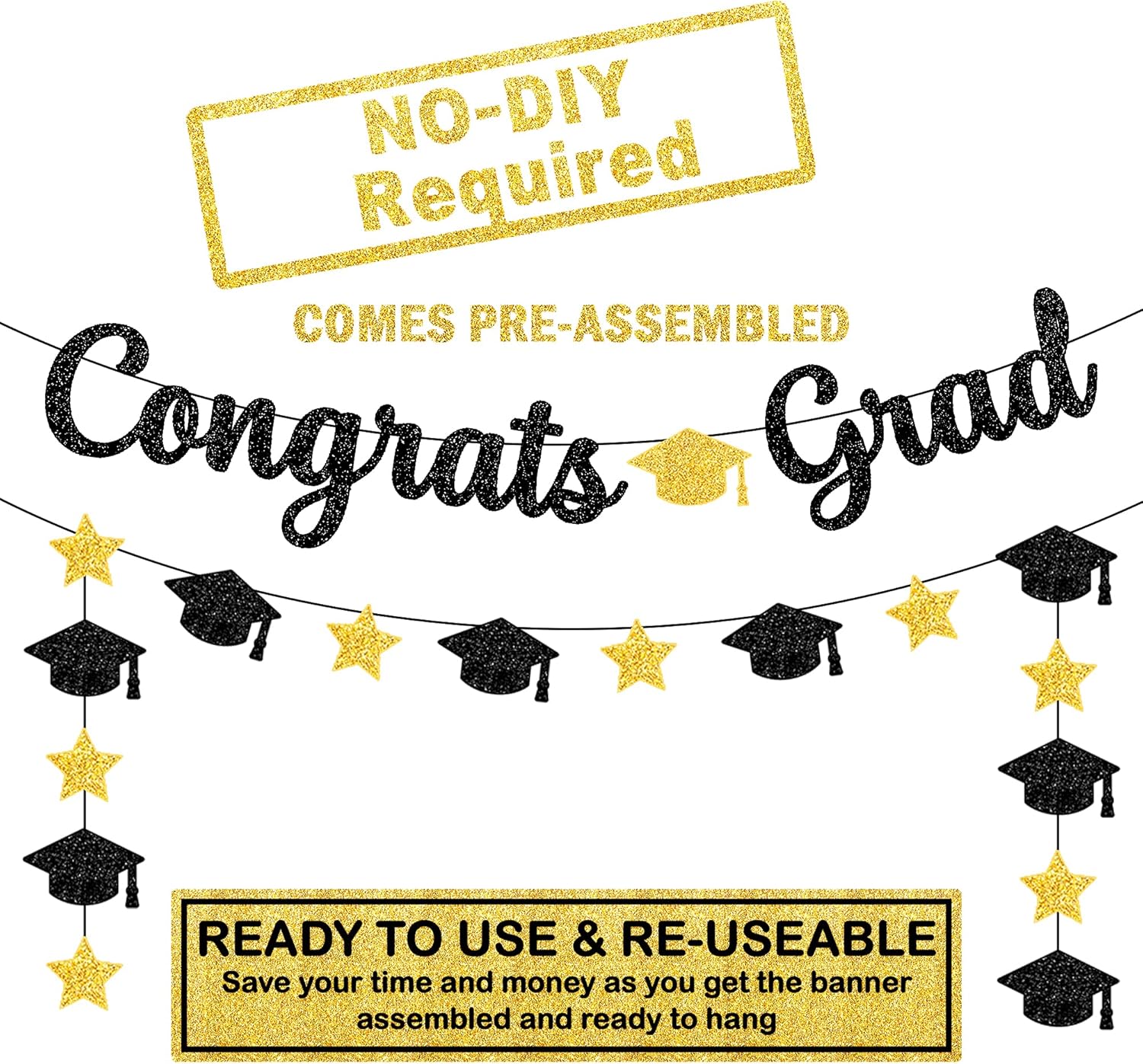 KatchOn, Glitter Black and Gold Congrats Grad Banner - 10 Feet | Black and Gold Graduation Banner, Cap Garland for 2026 Graduation Decorations | 2026 Grad Party Decorations - Image 2