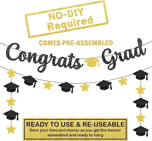 Miniatura 2 de KatchOn, Cartel de felicitación de graduación con purpurina negra, 10 pies, sin bricolaje, pancarta de graduación con guirnalda de casquillo, para