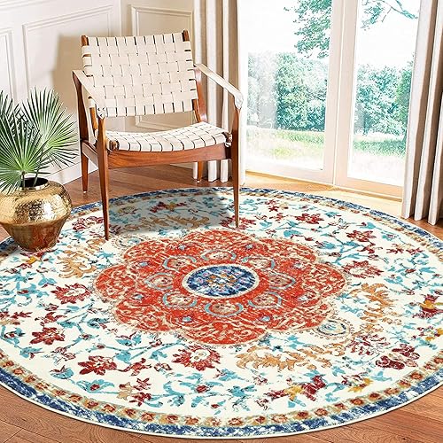 HEBE - Alfombra redonda bohemia grande de 525 pies alfombra circular envejecida antideslizante lavable bohemio mandala redonda alfombra para sala de