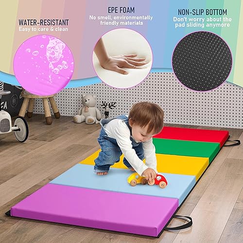 Miniatura 4 de Betterhood Gymnastics Mats for Tumbling Set of 2, 1.5" Thick Folding Exercise Mats wHook & Loop, Non-Slip Bottom & Carrying Handles, Rainbow