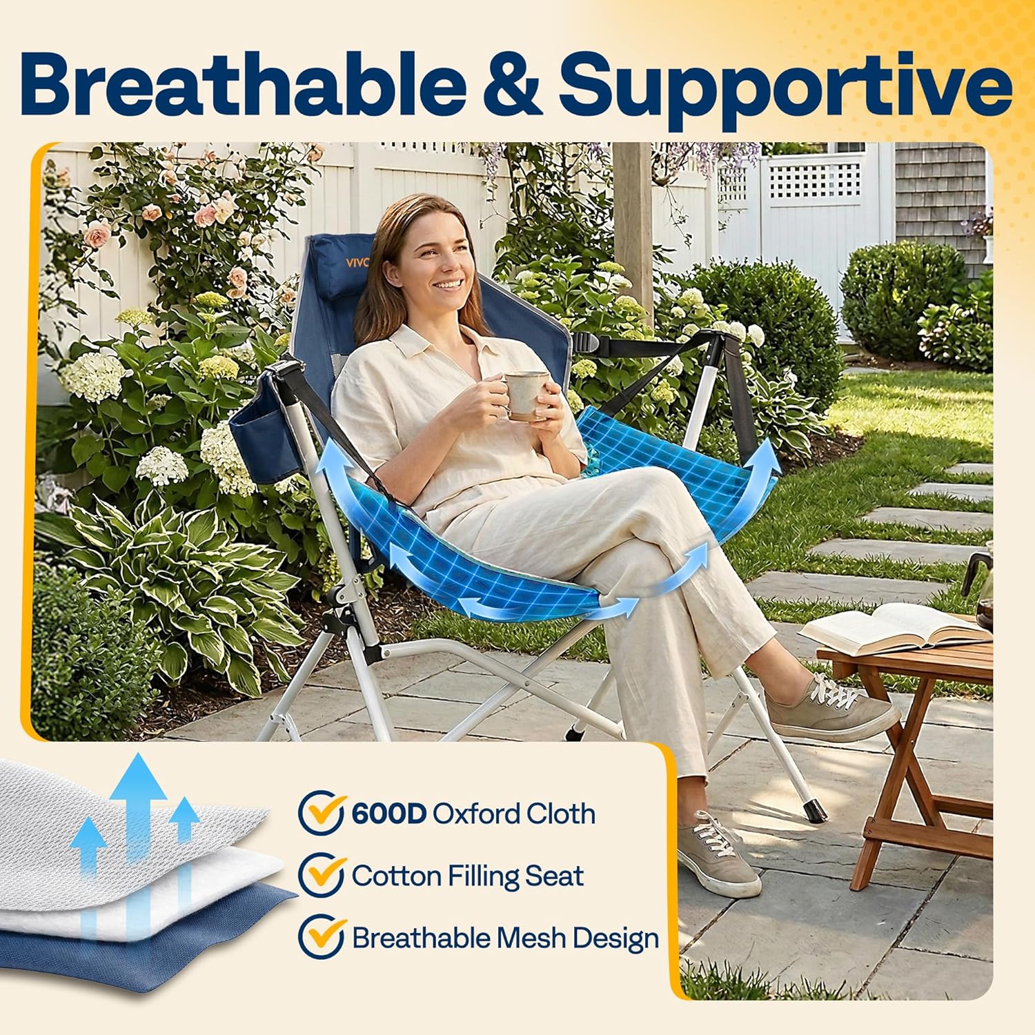 VIVOHOME Hammock Camping Chair, Portable Outdoor Swinging Rocking Chairs for Adults with Adjustable Pillow, Back and Height for Travelling, Backyard, Patio, Supports 400 lbs, 600D Breathable Mesh