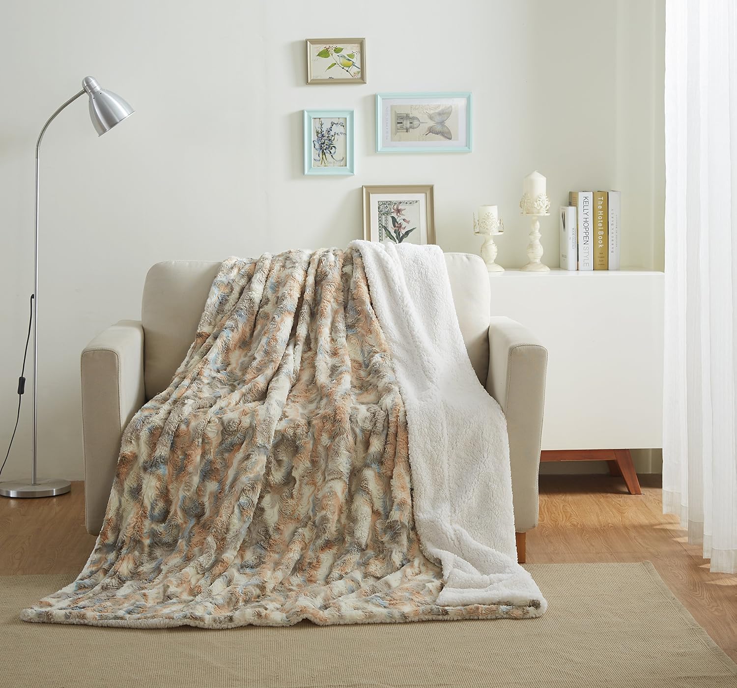 Tache 50x60 Super Soft Warm Tan Brown Blue Russian Lynx Faux Fur White Sherpa Throw Blanket