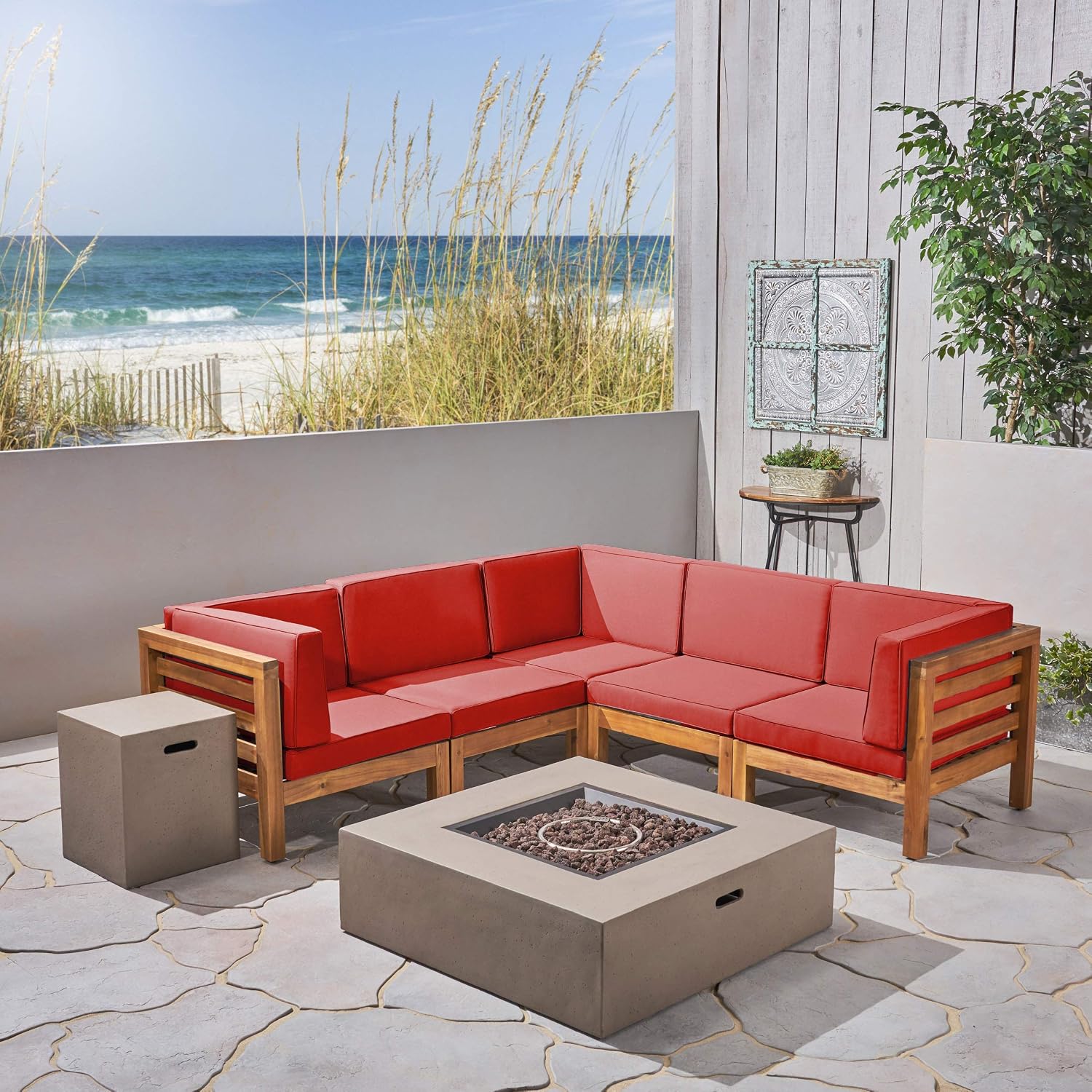 Great Deal Furniture Outdoor V-Shaped Sectional Sofa Set with Fire Pit - 7-Piece 5-Seater - Acacia Wood - Outdoor Cushions - Teak with Red and Light Gray