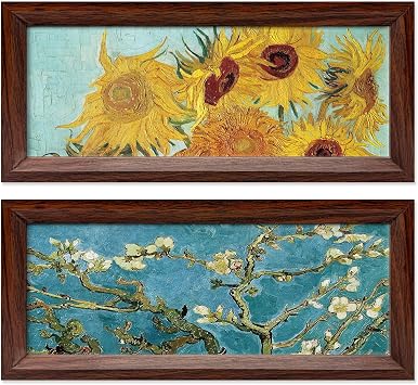 Van Gogh Sunflowers Poster Canvas Prints Framed- 2 Piece 4.7x11 Inch Tabletop Posters, Vintage Artwork for Bedroom Home Office Desk Decor Van Gogh