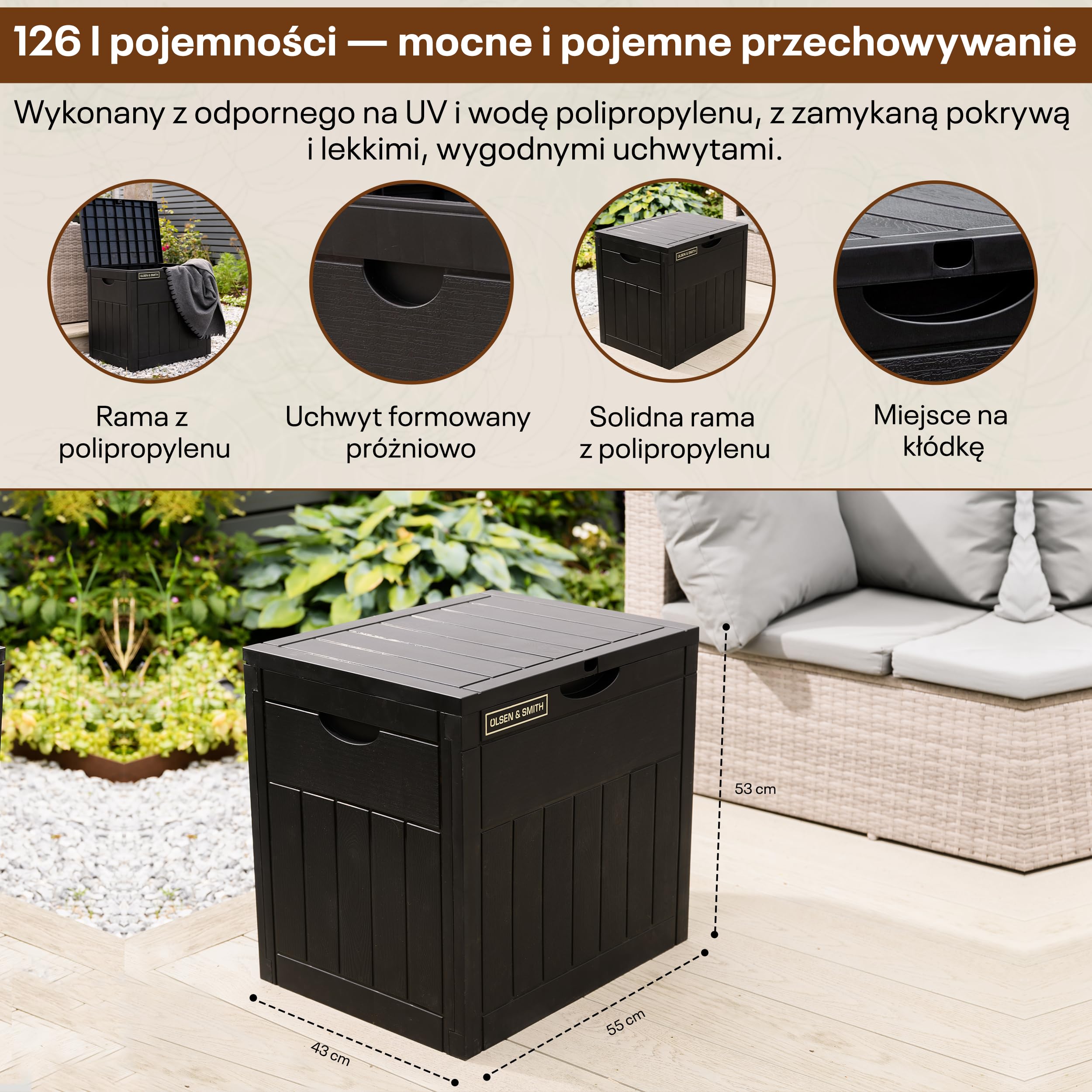Olsen & Smith – Ogrodowa Skrzynia 126L | Wodoodporna i Odporna na Warunki Pogodowe | Zamykana Plastikowa Skrzynia | Pojemnik na Poduszki do Ogrodu, Na Balkon i Taras | Odporna na warunki atmosferyczne, efekt drewna, czarna skrzynia na poduszki, narzędzia,