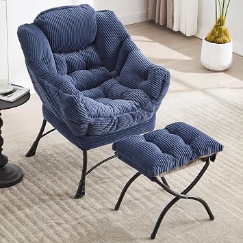 QQU Lazy Chair with Ottoman, Corduroy Lounge Armchair, Reading Chair with Footrest for Living Room, Balcony, Study Navy