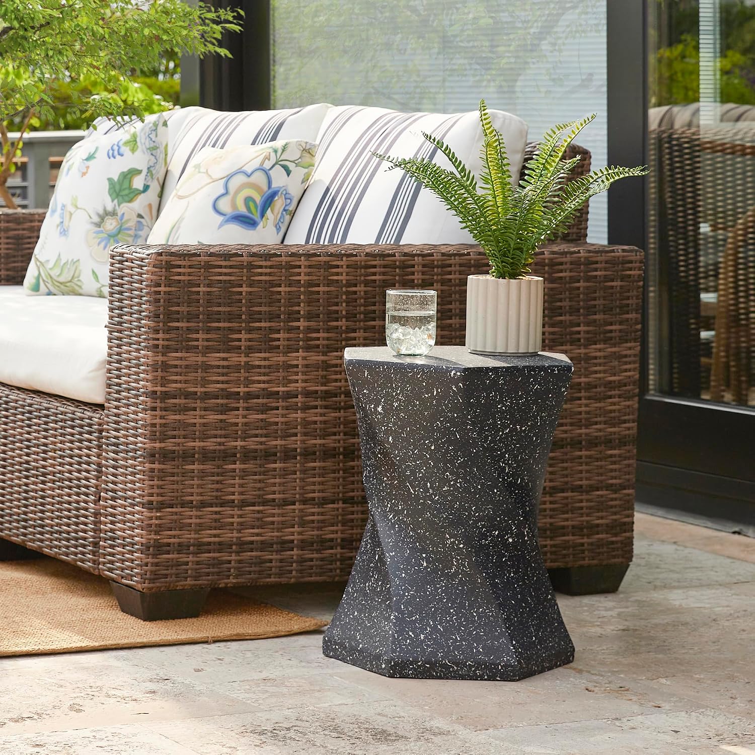 Glitzhome Outdoor Side Table Set of 2, 17.75" H Decorative Garden Stool MGO Twist Faux Terrazzo End Table, Round Planter Stand for Indoor Outdoor Living Room Bedroom Patio Deck Poolside, Black