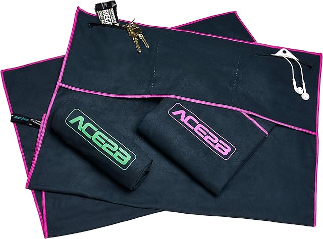 ace2b Fitness Sports Towel Microfibre - Quick Drying, Space Saving, Lightweight / 2 Pockets with Cover for Device Training, Gym, Gym / 120 x 55 cm XL Large (Pink)