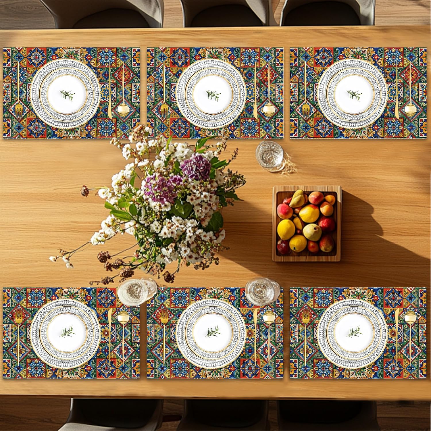 Mexican Tile Placemats Set of 6,Geometric Floral Table Mates Non-Slip Heat Resistant Washable Linen Place Mats for Party Kitchen Dining Decoration Indoor Outdoor 12"x18"