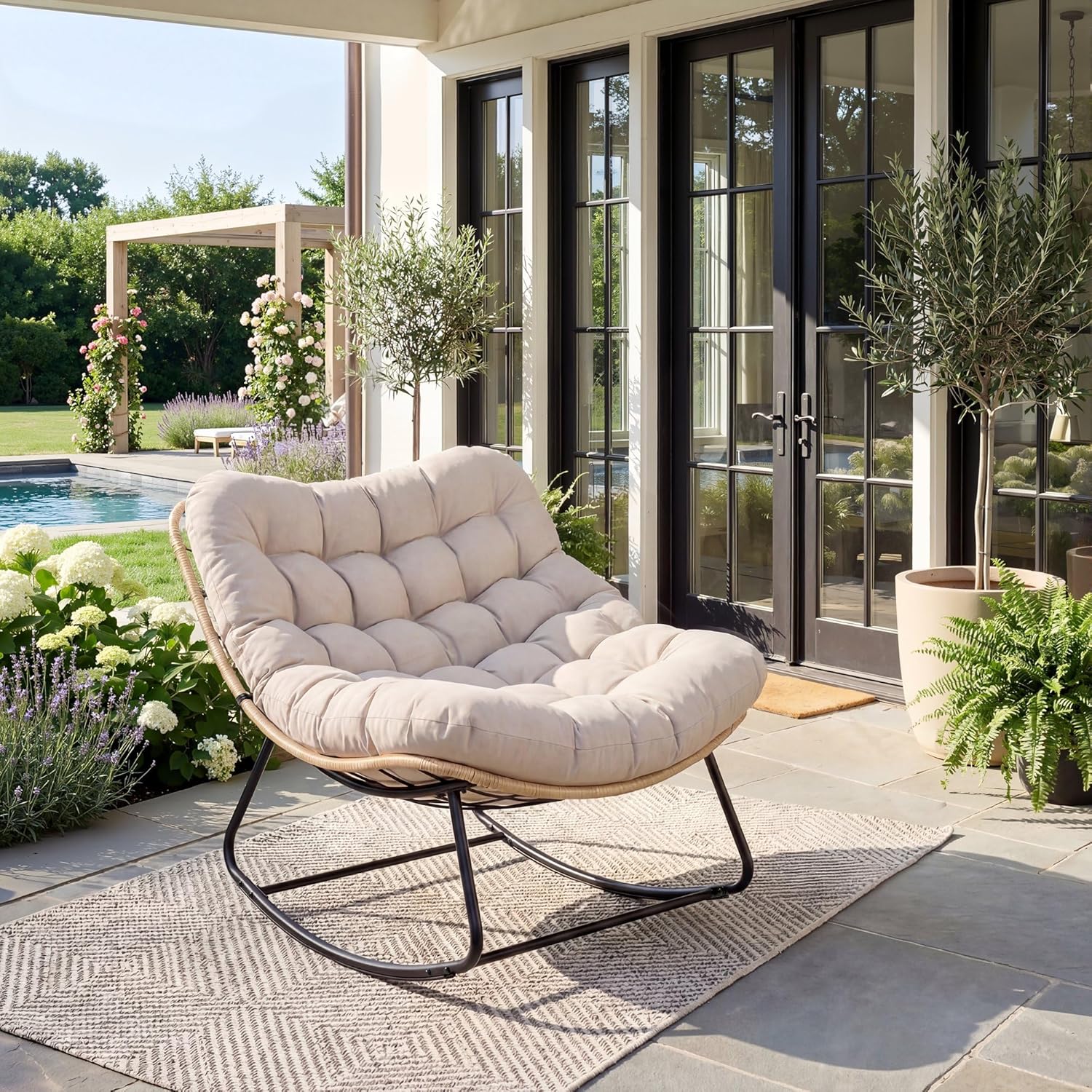 Indoor/Outdoor Rocking Chair with Thick Cushion, Heavy-Duty Metal Frame,Supports 450 Lbs Rocking Motion, Water-Resistant Fabric, Single Arc Leg for Patio, Garden, Living Room Gray
