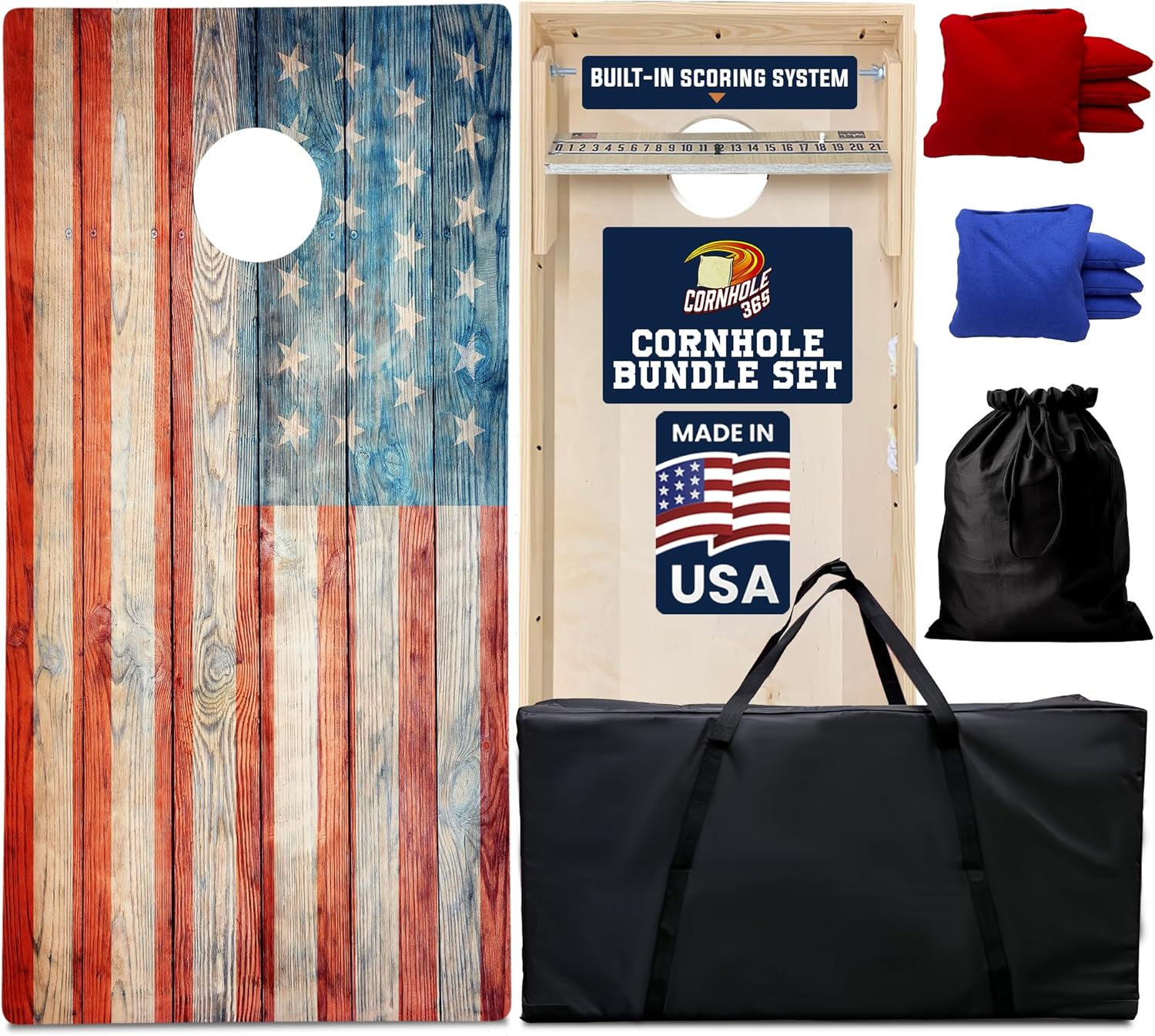 Cornhole365 Complete Cornhole Board Set - Includes Solid Wood Cornhole Board, 8 All-Weather Cornhole Bags, Portable Carrying Case & String Tote Bag Outdoor Game Bundle