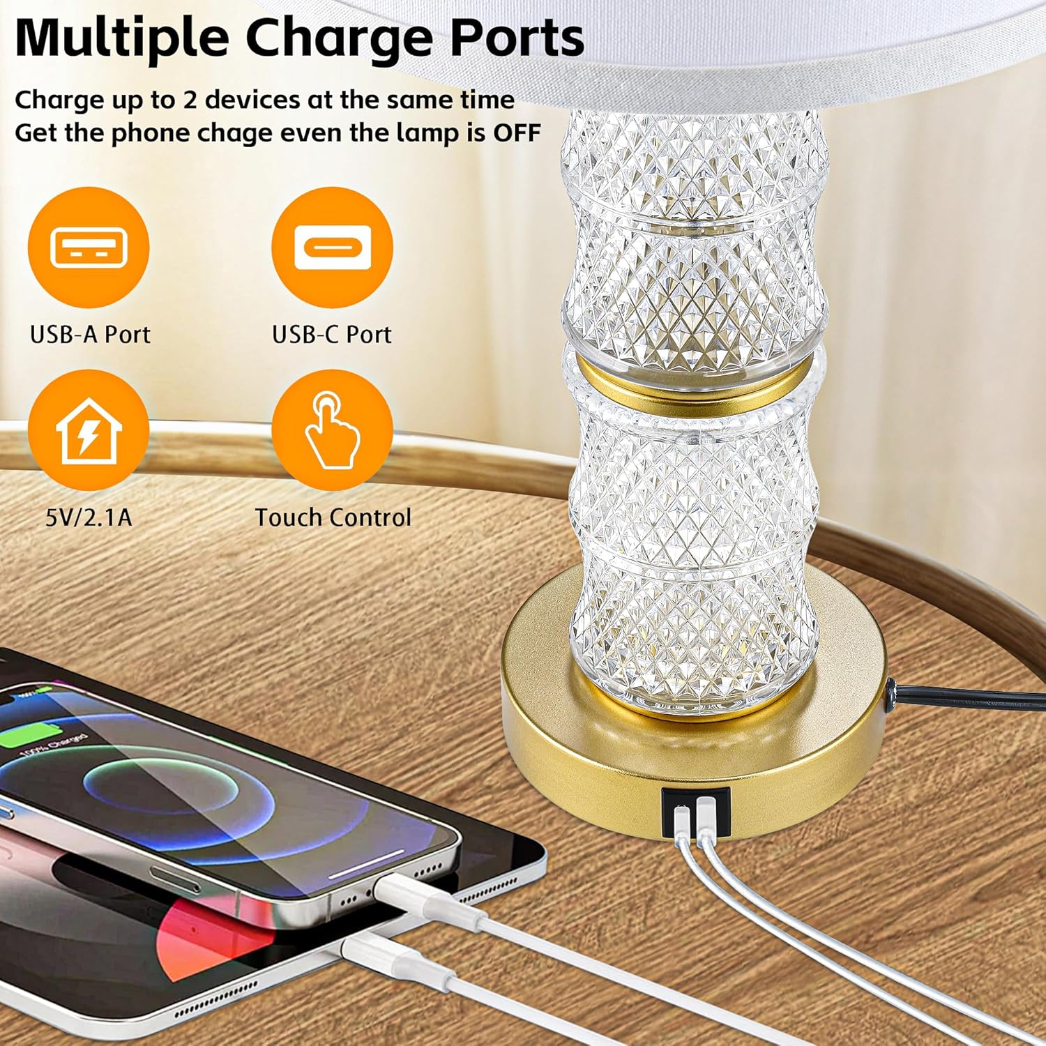 GRUENLICH Crystal Table Lamp Set of 2, 3-Way Dimmable Nightstand Lamp with Touch Control, USB C+A Charging Ports for Living Room Bedroom End Tables Office and Entryway （Gold）