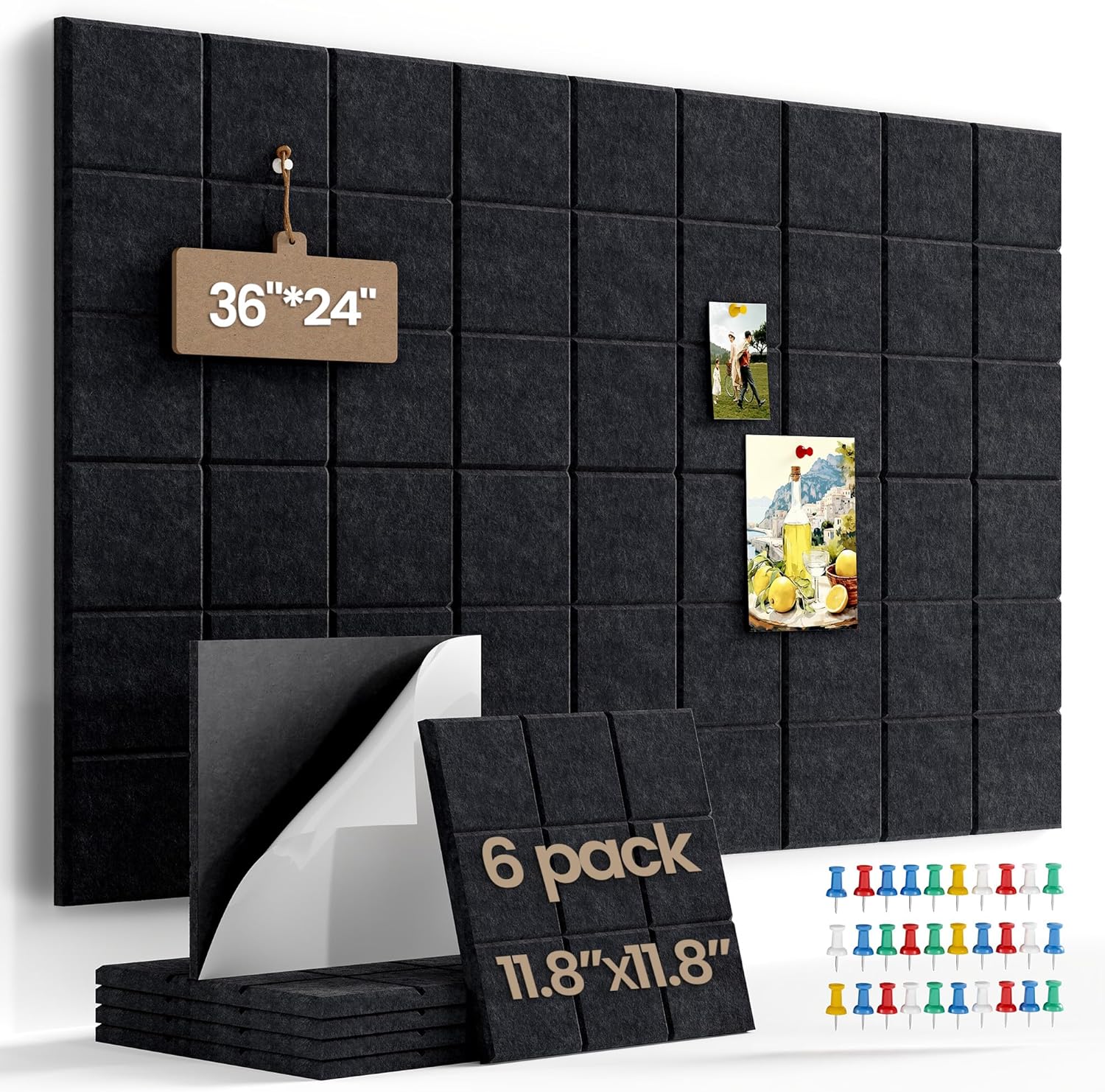 Large Cork Board Felt Board Tiles for Walls with 60 Push Pins, 11.8"x11.8" Pack of 12 Pin Board Notice Boards for Home Office Kitchen, Bulletin Board Wall Tiles for Photos Memos