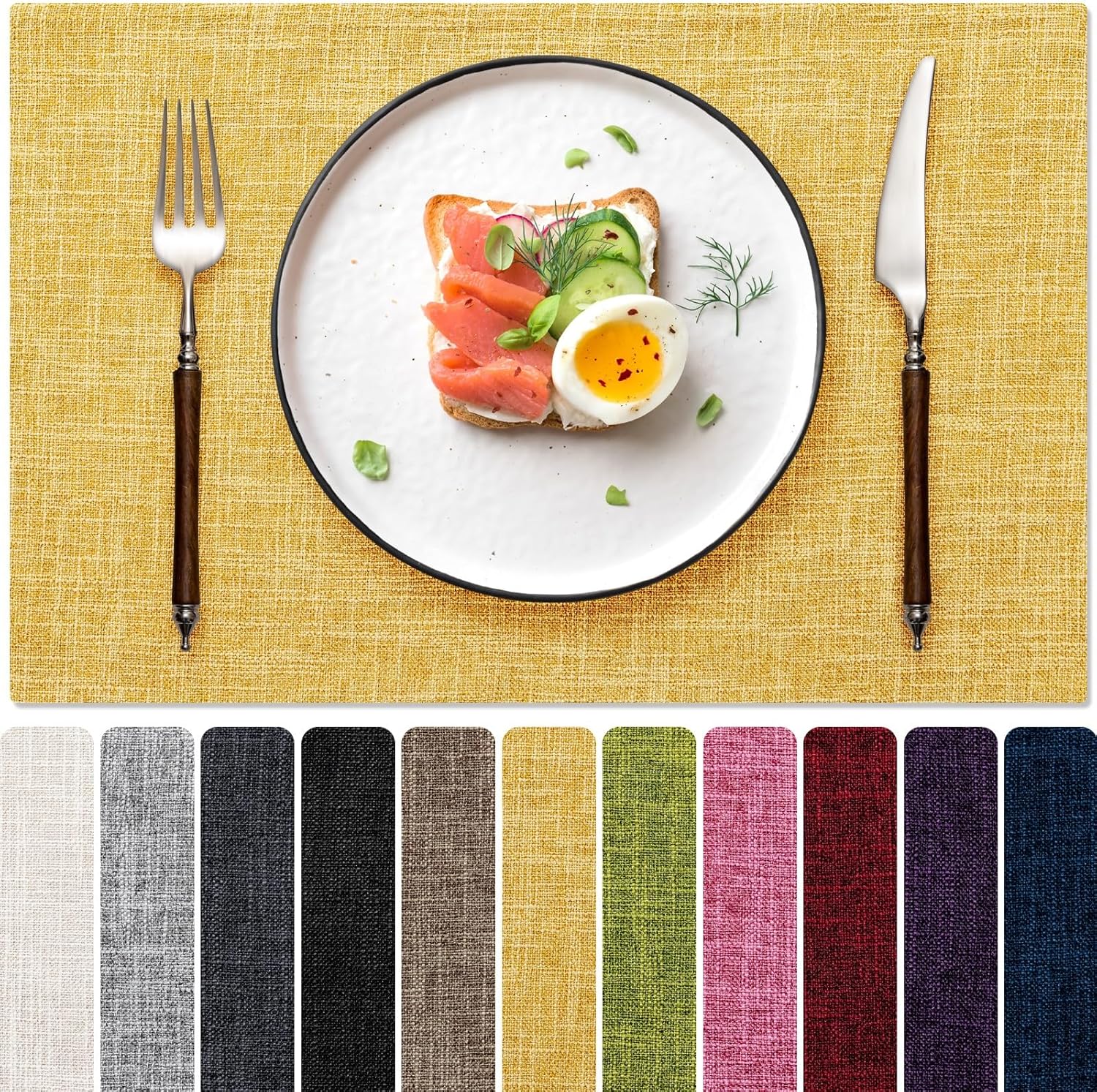 Blue Forest Placemats Set of 8, Dual-Layered Thickened Faux Linen Cloth Place Mats Heat Resistant Machine Washable Wrinkle Free Table Mats Indoor/Outdoor (Black)