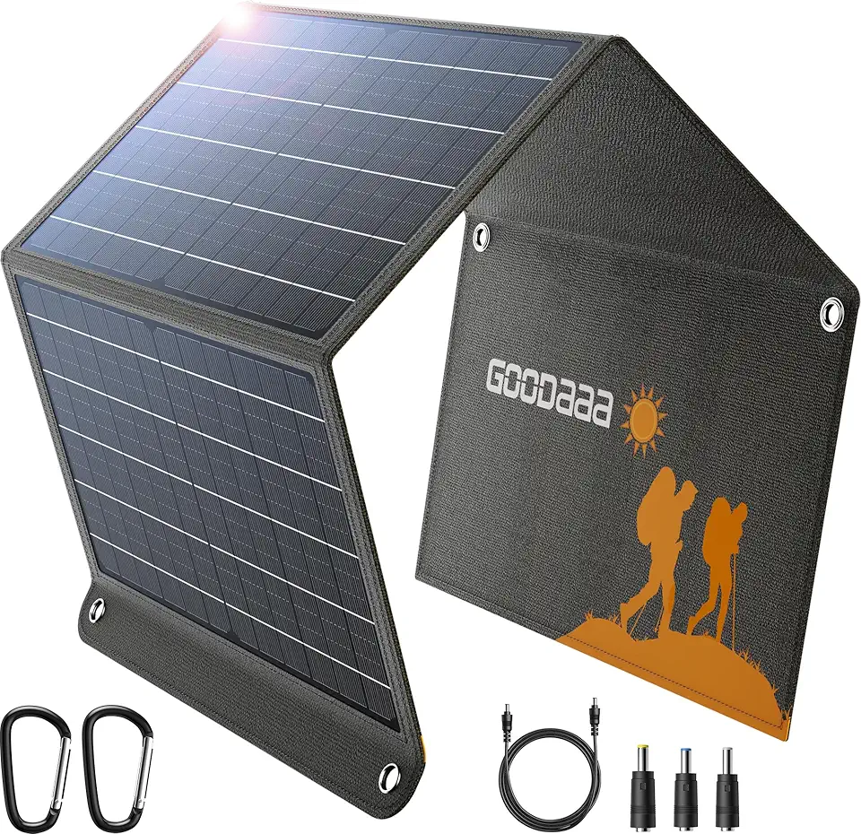 GOODaaa Painel solar portátil de 30 W com três saídas, carregador solar dobrável com carregamento rápido USB QC 3.0, painéis IP65 à prova d'água para uso externo, USB duplo e um carregador DC para