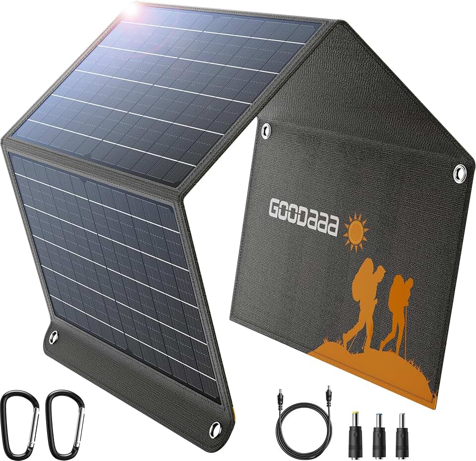 GOODaaa Painel solar portátil de 30 W com três saídas, carregador solar dobrável com carregamento rápido USB QC 3.0, painéis IP65 à prova d'água para uso externo, USB duplo e um carregador DC para