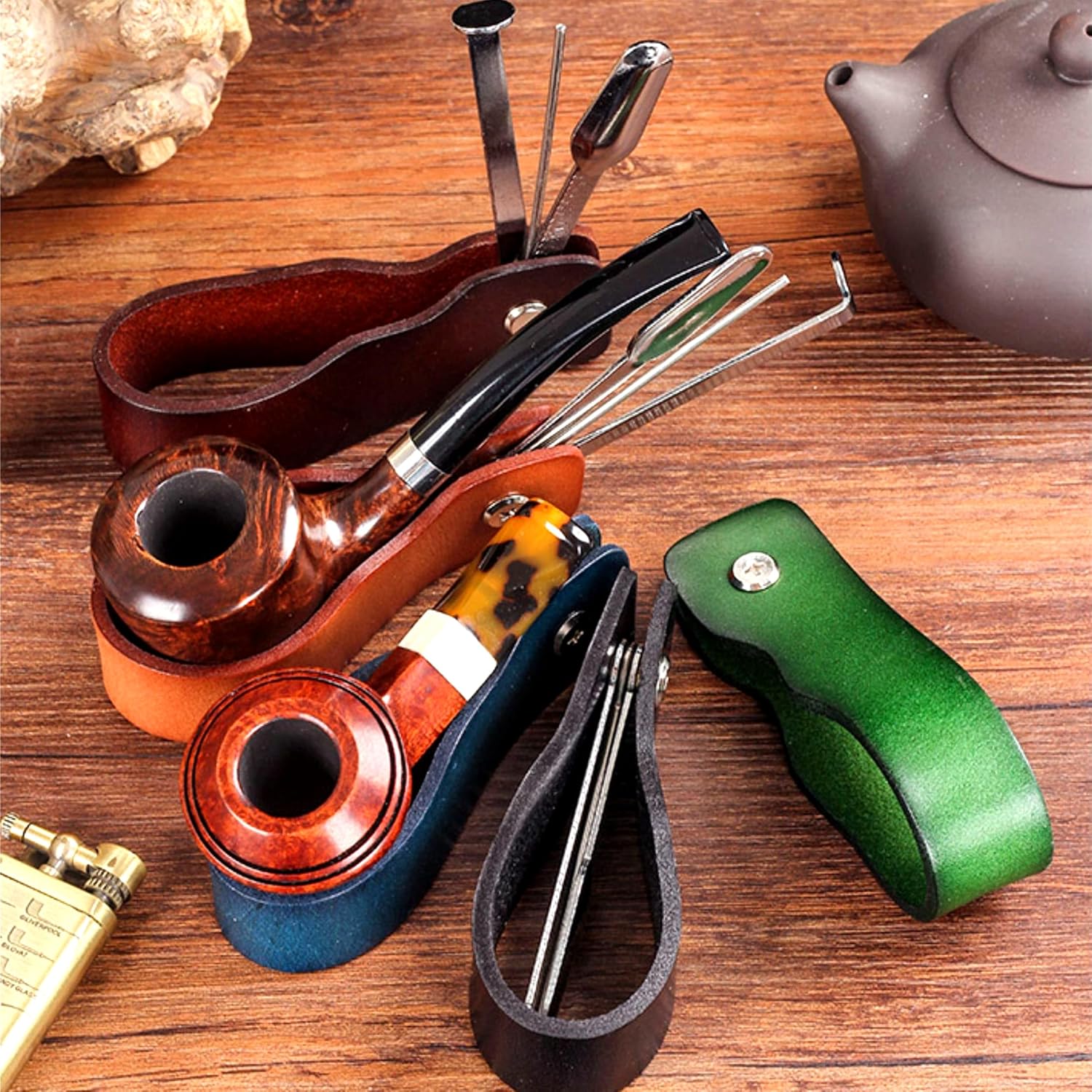 4 in 1 Leather Pipe Stand Rest, Stainless Steel Smoking Rack, Reamer, Tamper Tool, Portable Accessories Holder for Most Pipes (Deep Brown)