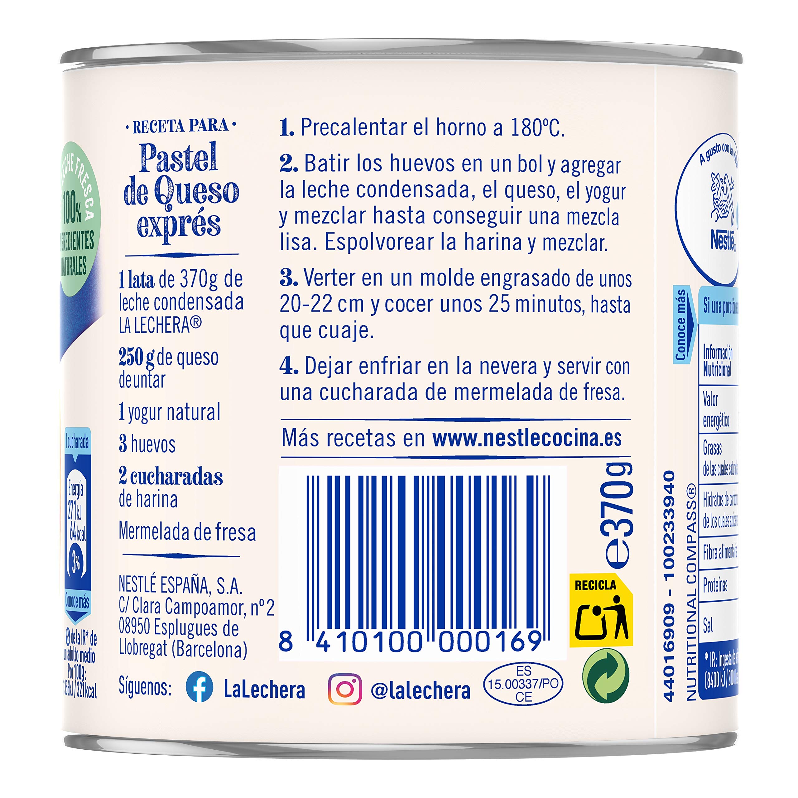Nestlé La Lechera Leche condensada entera, Lata de 370 gr