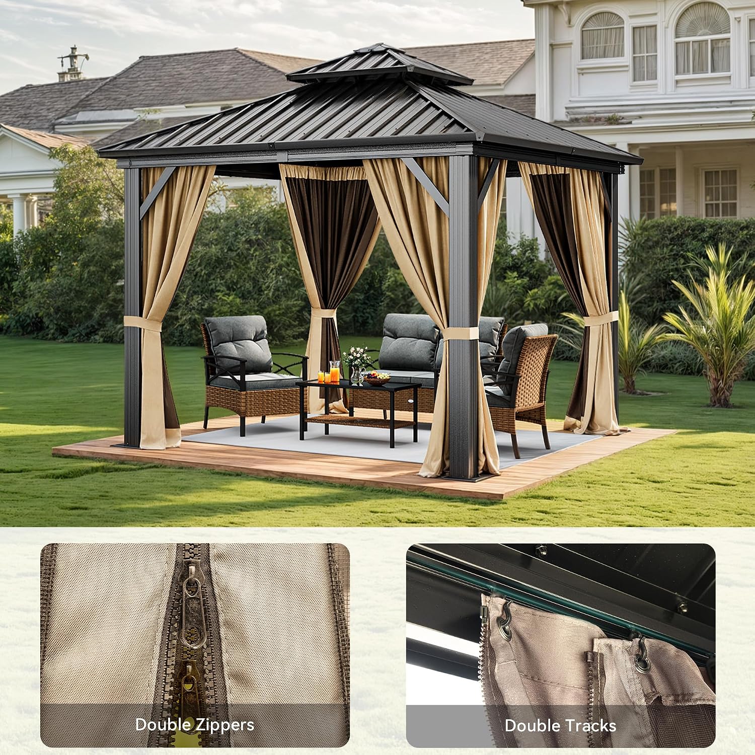 DWVO 10x10ft Hardtop Gazebo Double Roof with Nettings and Curtains, Heavy Duty Galvanized Steel Outdoor Vertical Stripes Roof for Patio, Backyard, Deck, Lawns, Brown