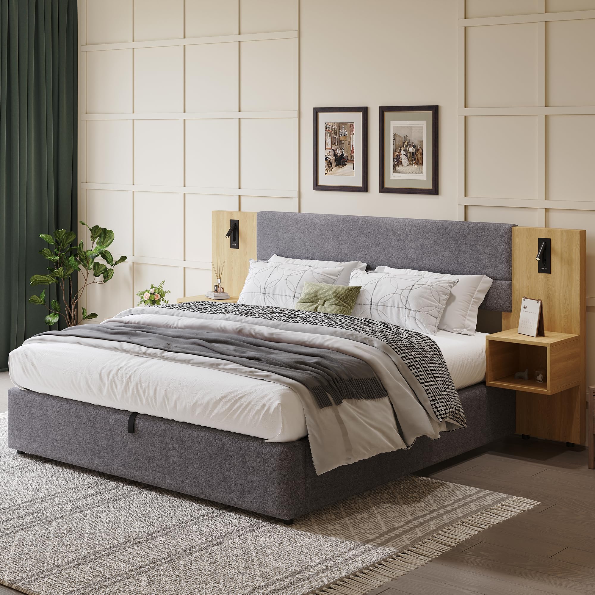 Letto imbottito 160 x 200 cm, idraulico, con connettore USB, illuminazione con due comodini con spazio di archiviazione, rete a doghe in legno, facile da montare, velluto grigio + naturale
