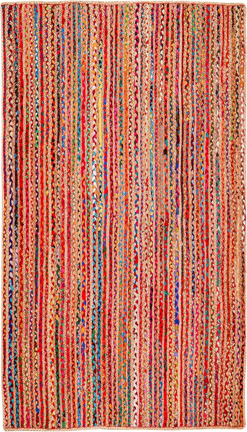 MDS Pack of 1 Handwoven Braided Jute Area Rug 2x6 feet Rectangle - 100% Natural Burlap with Multicolor Cotton chindi Reversible Accent Rugs for Home Decor, Living Room, Doormat,Entryway Rug (2'x6')