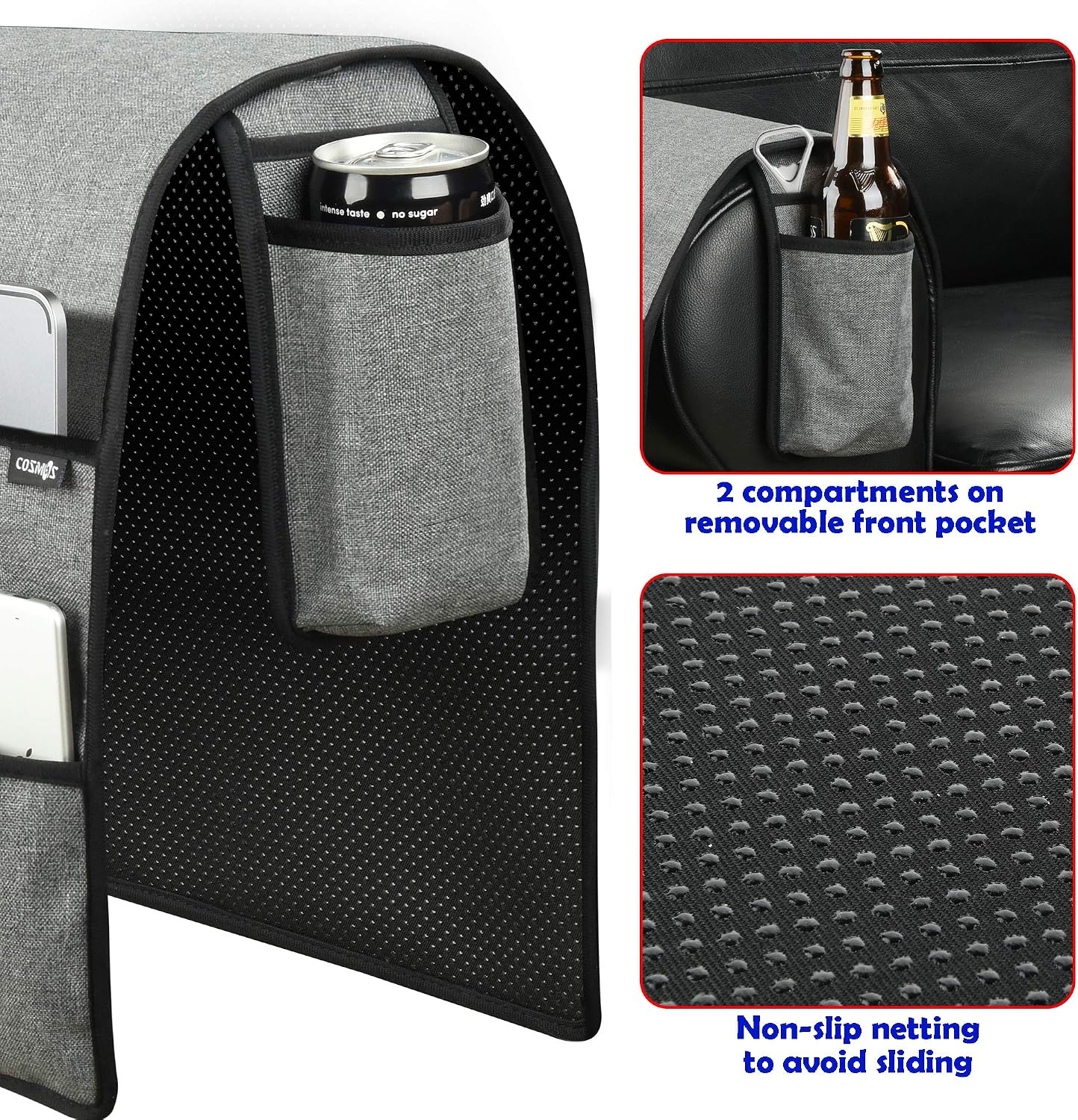 Sofa Armrest Organizer Couch Remote Holder, Sofa Caddy Bedside Organizer Recliner Armchair Accessory for iPad Tablet Phone Magazines in Home Bedroom Office Hotel, 5 Pockets with Font Side Drink Holder