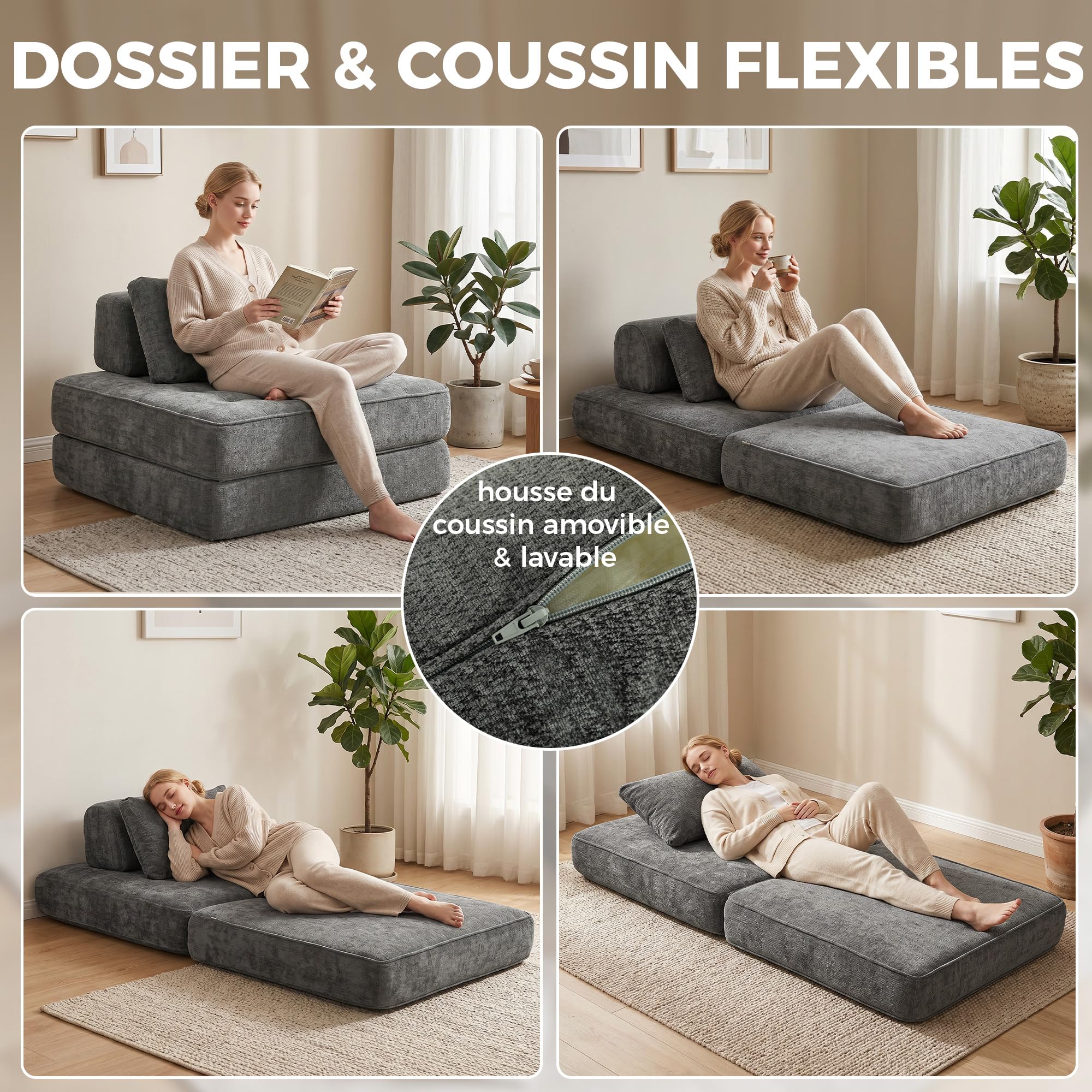 HOMCOM Canapé-Lit Pliant 2 en 1 Chauffeuse 1 Place en Chenille Gris | Matelas Pliable, Coussin Épais, Dossier et Oreiller, Entièrement Compressé, Aucun Assemblage Requis, pour Salon Chambre