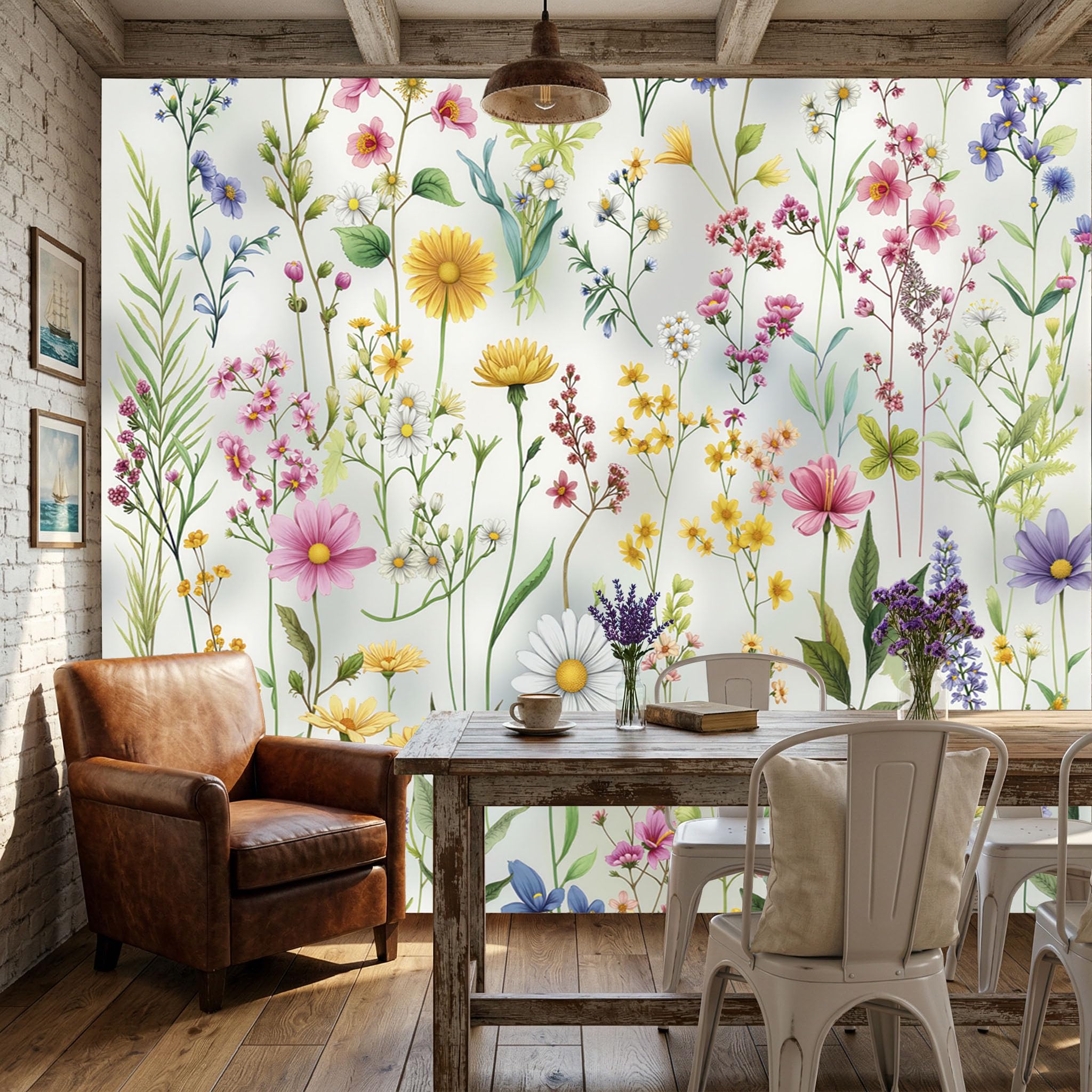 Papier peint panoramique 3D fleurs sauvages et feuilles aquarelle 350x256cm