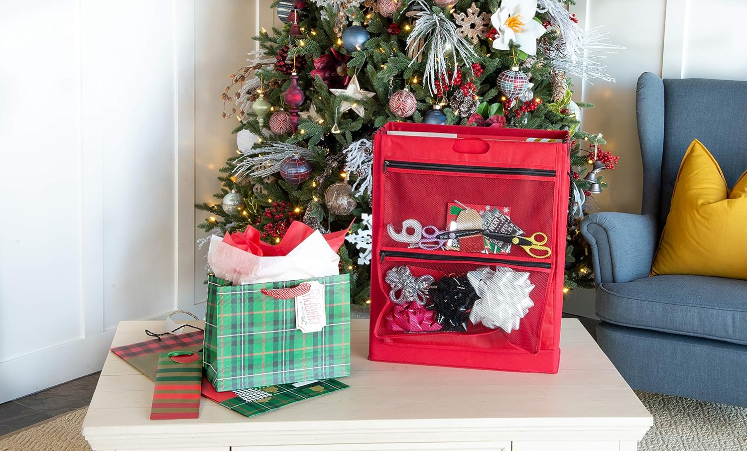 [Gift Bags with Tissue Paper Storage Bag] - Protect All of Your Tissue Paper Gift Wrap | Zippered Pockets for Bows, Ribbon, Scissors, and More - (Red)