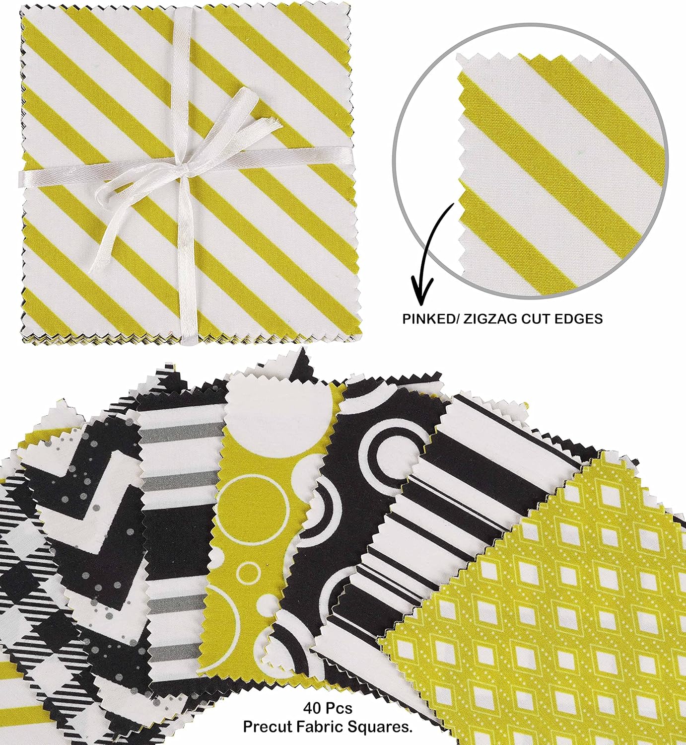 Soimoi Precut 10-inch Stripes Prints Cotton Fabric Bundle Quilting Squares Charm Pack DIY Patchwork Sewing Craft- White
