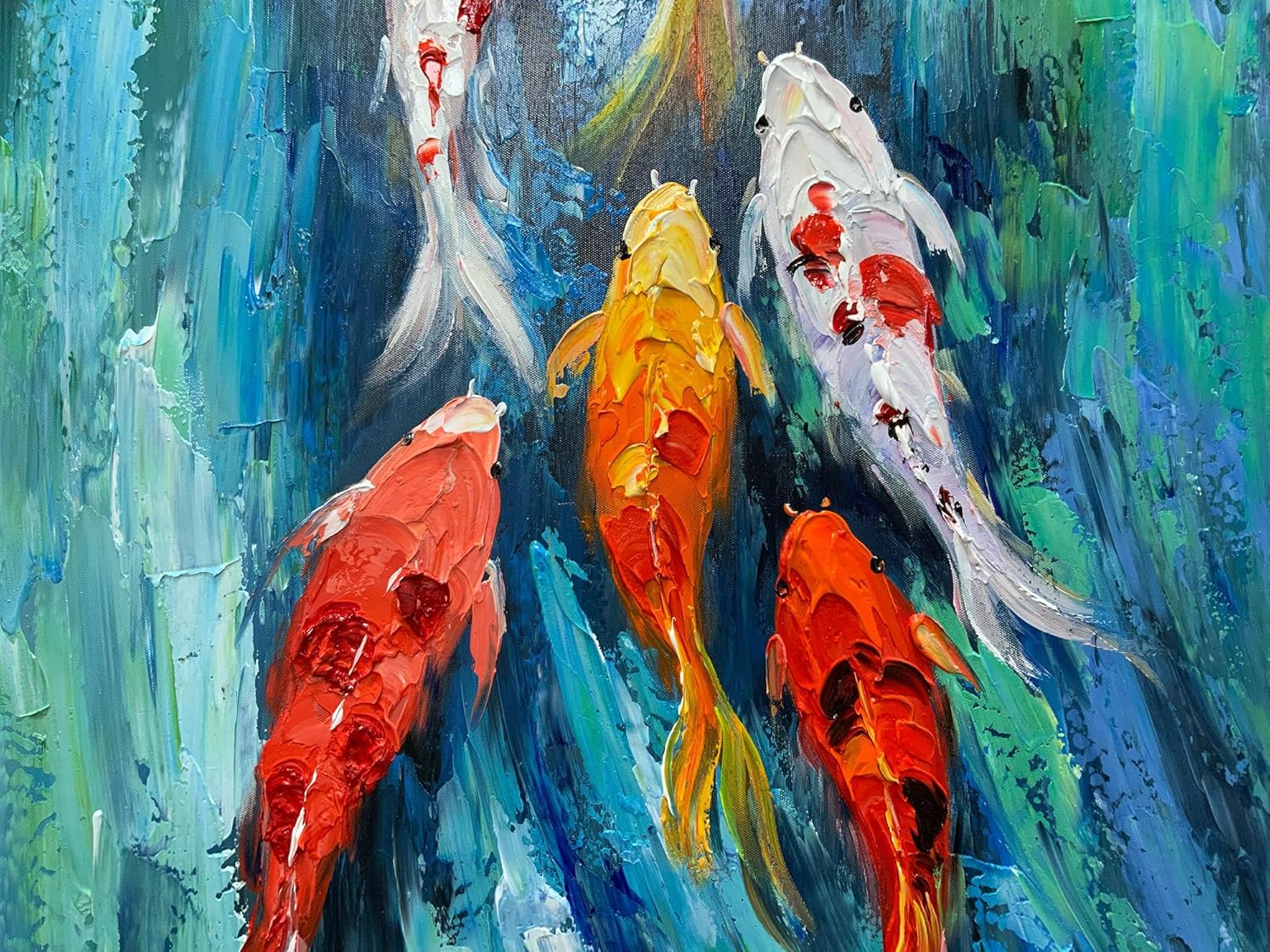 Yotree Wall Art, 24x48 Inch Paintings Oil Hand Painting Colors Fishes Painting 3D Hand-Painted On Canvas Abstract Artwork Art Wood Inside Framed Hanging Wall Decoration Abstract Painting