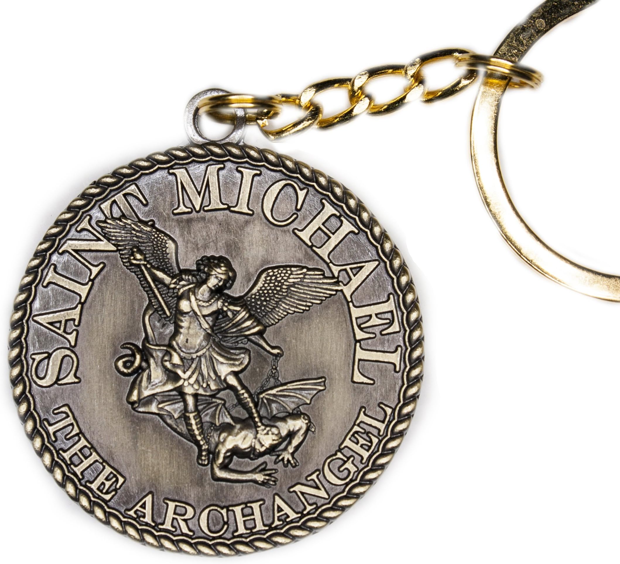 38mm dia St Michael Prayer Coin Keychain - Bronze Antique
