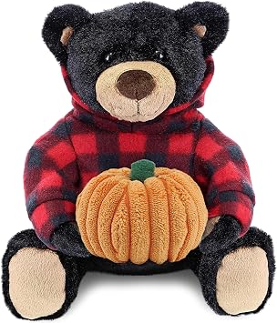 DolliBu Red Plaid Hoodie Black Bear Stuffed Animal with Pumpkin - 10 Inches