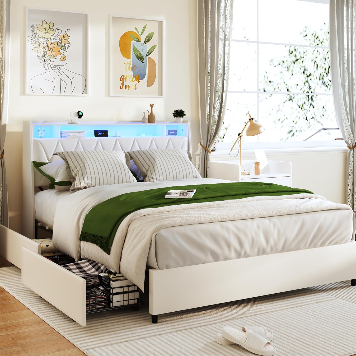 Ball & Cast Queen Size Bed Frame with Ergonomic Headboard and LED Lights, Upholstered Bedframe with Charging Station and USB Port, Platform Metal Bed Frames, No Box Spring Needed,Noise Free, White