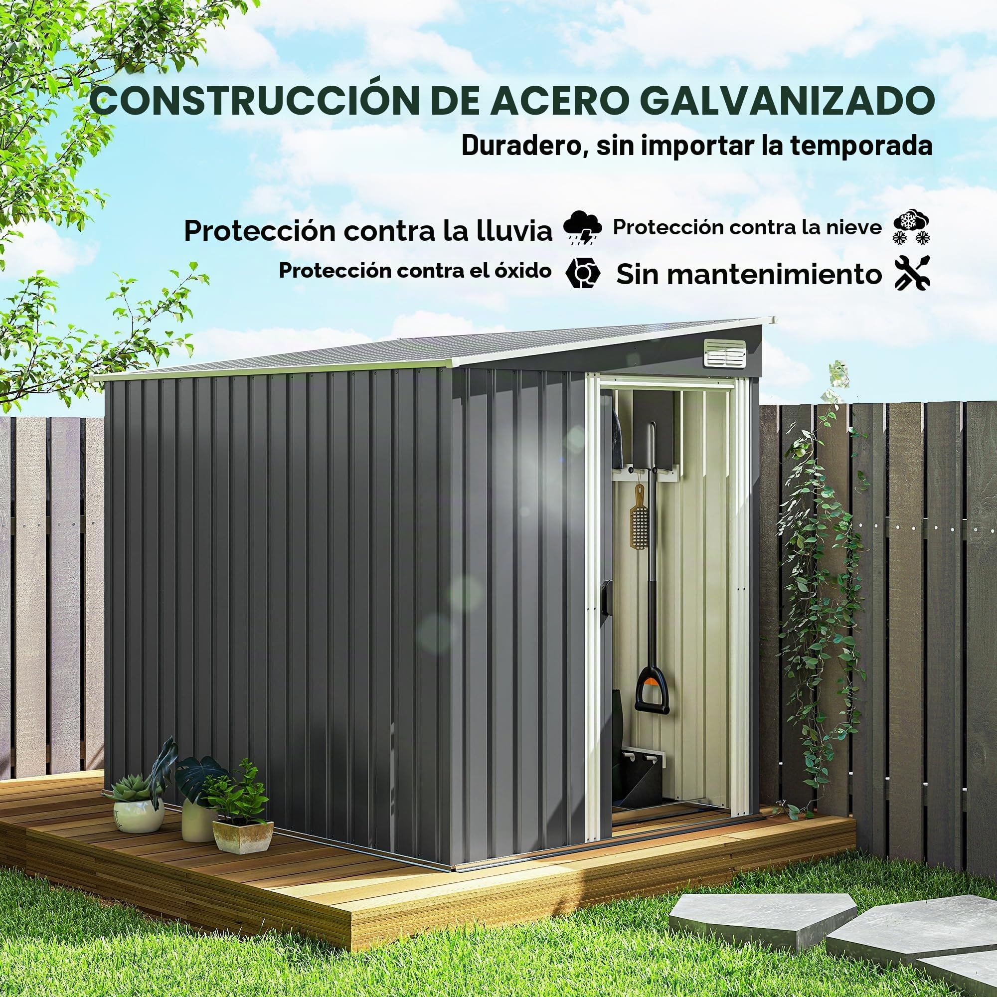 Outsunny Cobertizo de metal de 2,81 m², 154 x 206,5 x 181 cm, cobertizo de jardín con tejado a un agua, base, puerta corredera, resistente a la intemperie, caseta de jardín, para exteriores, jardín