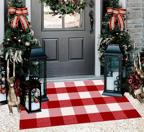 Christmas Door Mats Outdoor Rug 24'' x 35'' Red and White Outdoor Machine Washable Welcome Mats Cotton Hand-Woven Entryw
