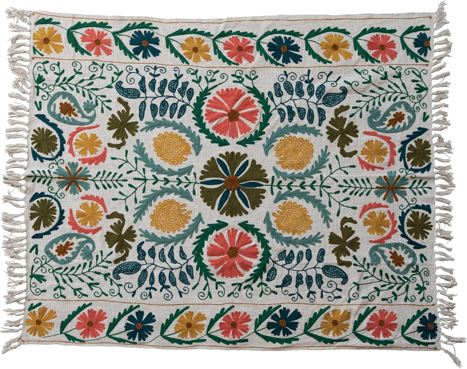 Creative Co-Op Cotton Slub Embroidered Throw with Suzani Pattern and Tassels, Multicolor - Image 3