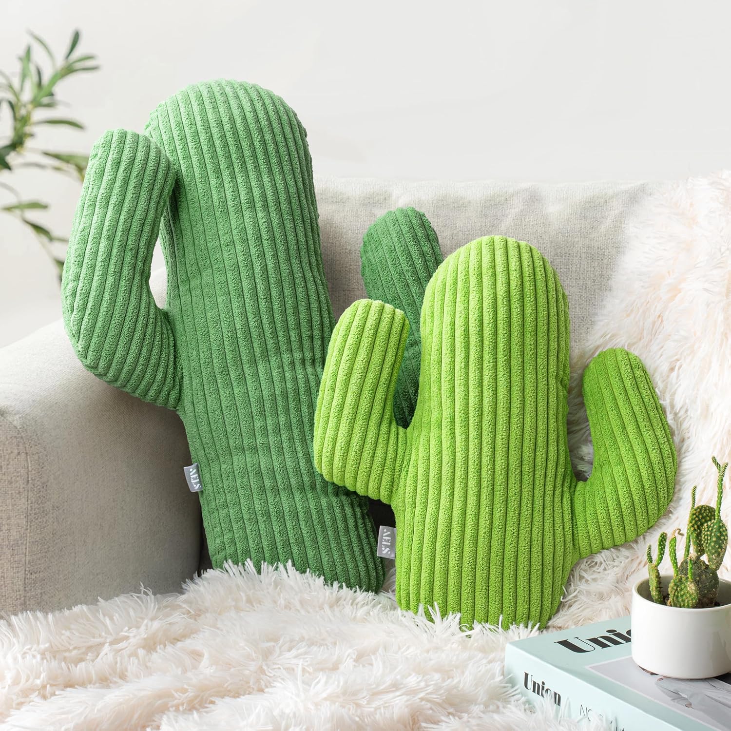 AELS Set of 2 Cactus Decorative Throw Pillows, 22"&14" Corduroy Striped Cactus Plush Pillow Set, Office Nap Pillow, Cute Succulent Throw Pillow for Nursery Bedroom Room Decor, Grass Green & Lime Green