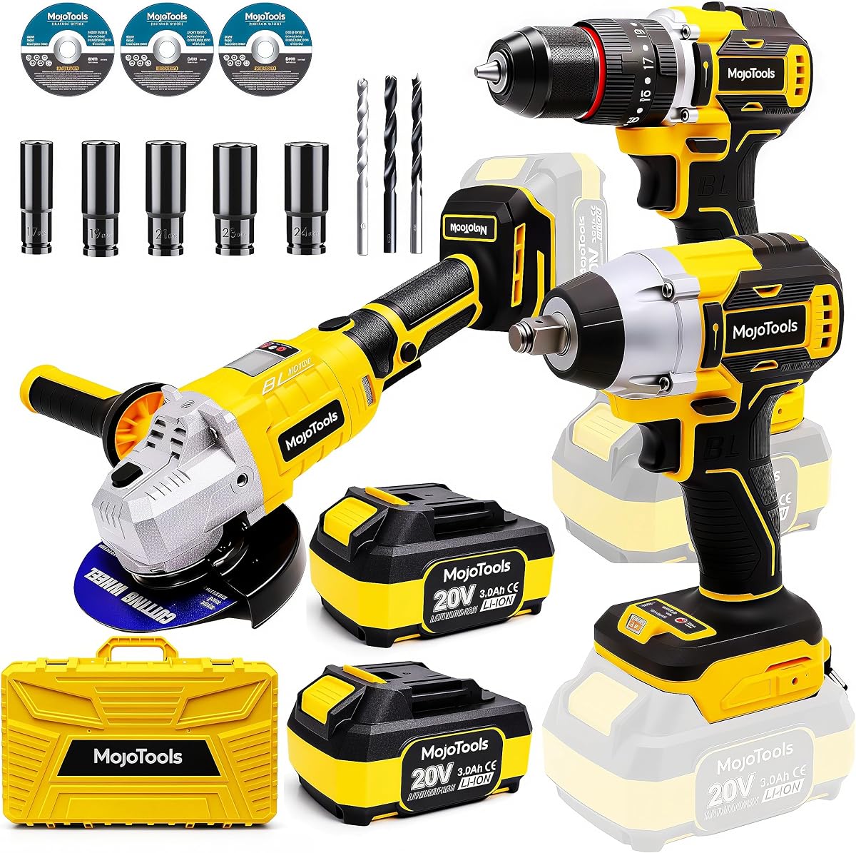 Brushless Cordless Power Tool Combo Kit for Heavy DIY & Semi-Professional Use – 50Nm Drill Driver, 380Nm Impact Wrench, 5" Angle Grinder LCD, 2×3000mAh Batteries, Carry Case &&Accessories