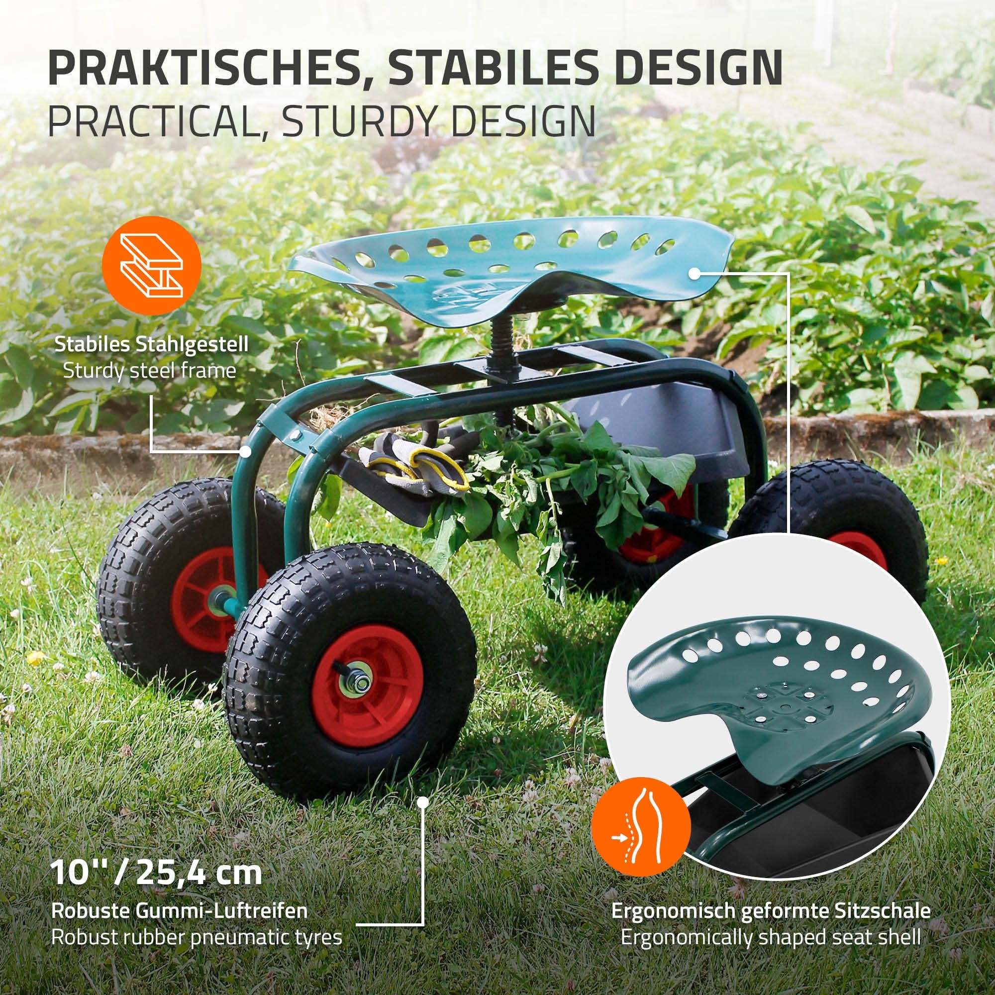 ECD Germany siedzisko ogrodowe na kólkach obrotowe 360 stopni regulowane wysokosc siedzisko stalowe do 150 kg mobilny wózek ogrodowy z pólka szerokie opony do prac ogrodniczych i pielegnacji samochodu
